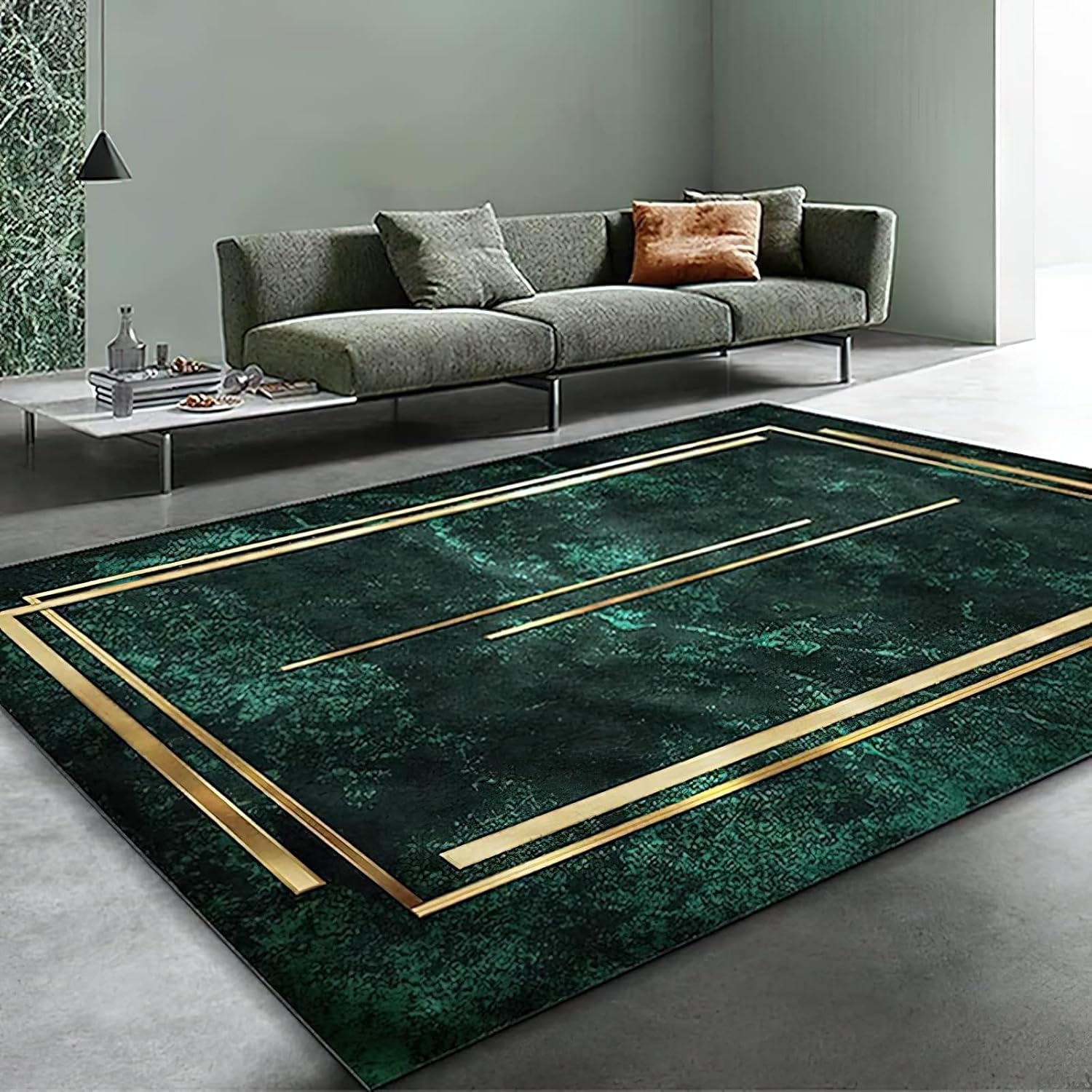 Alfombra de lujo con líneas geométricas de color verde esmeralda, dorada, antideslizante, reducción de ruido, para niños, para habitación, sofá,