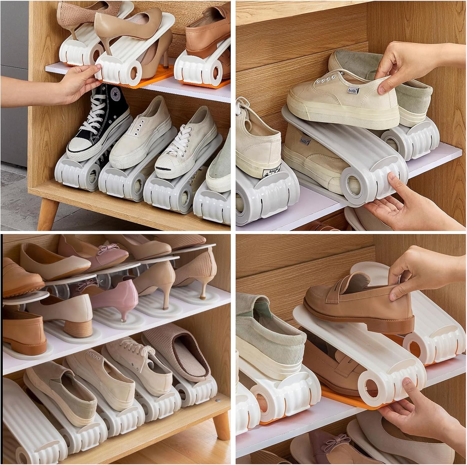 Paquete de 8 ranuras para zapatos, apilador de zapatos ajustable de doble capa, diseño de altura ajustable en cuatro posiciones, soporte apilador de