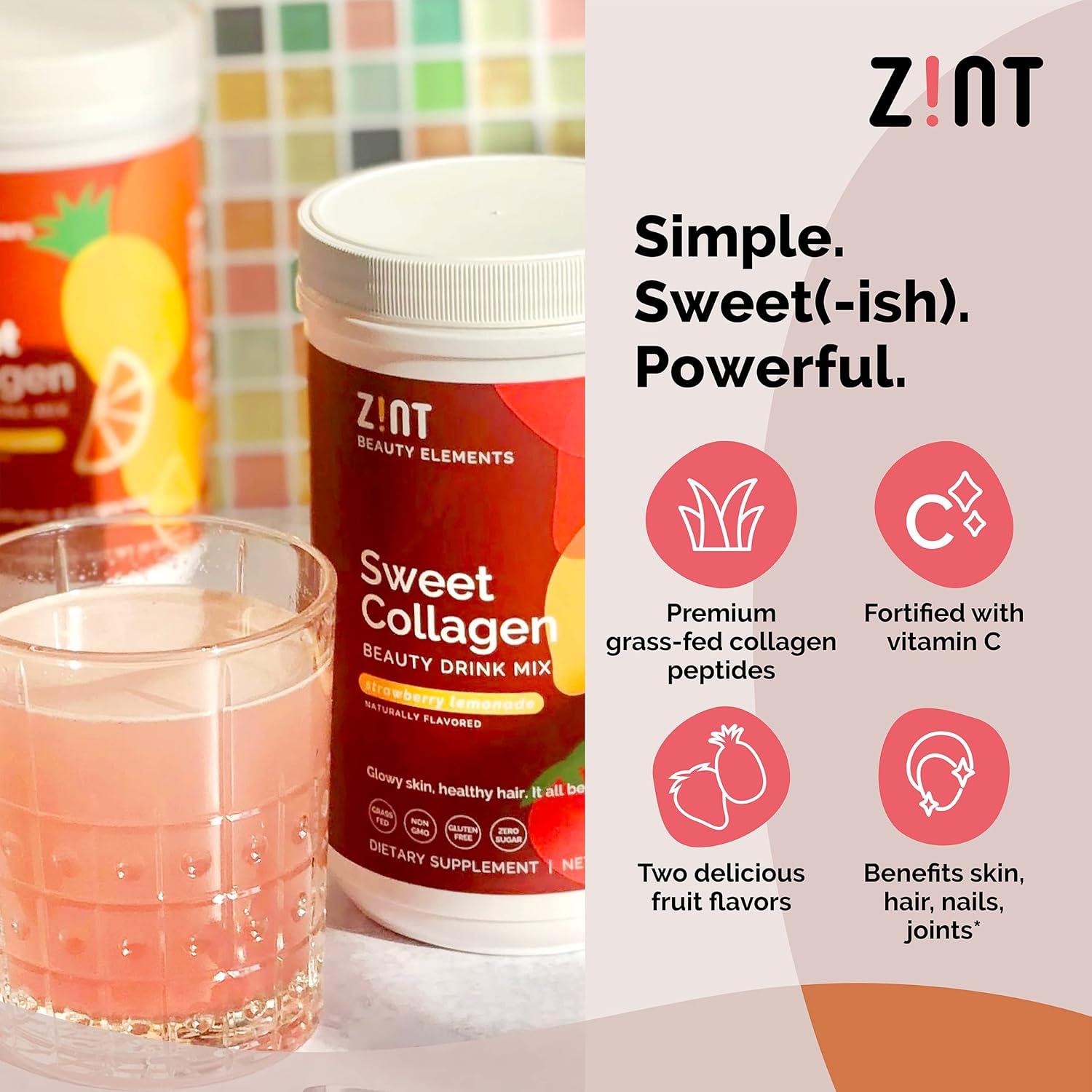 Zint Mezcla de bebida de belleza en polvo de colágeno dulce (piña orangeade) delicioso suplemento proteico de péptidos de colágeno hidrolizados,