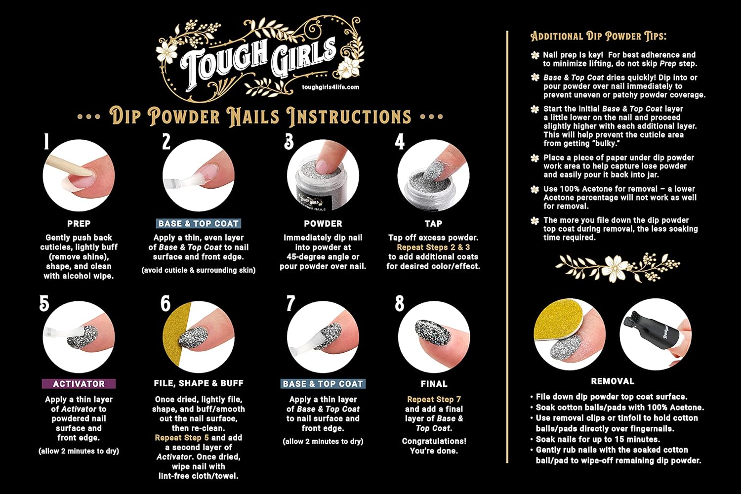 TOUGH GIRLS Kit de 4 polvos de inmersión  Incluye polvos de inmersión, capa base y superior, activador, barra de cutícula, lima de uñas y toallitas