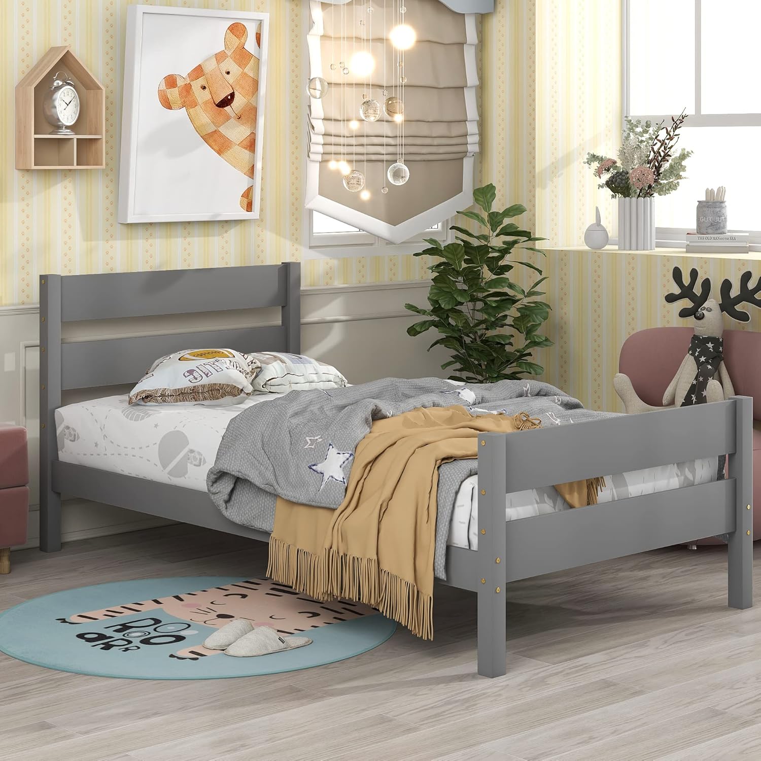 Base de cama individual de madera para niños, marco de cama de plataforma individual con cabecero de diseño ahuecado y estribo para niños y niñas,