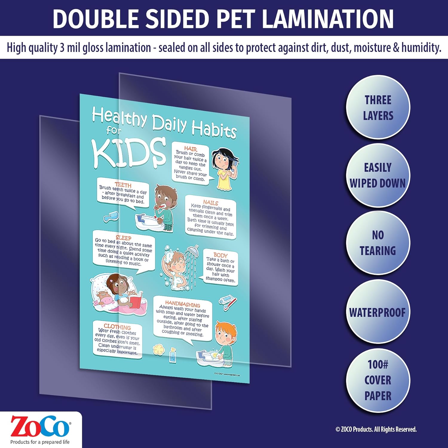 Póster de higiene de 7 hábitos diarios saludables para niños, laminado, 12 x 18 pulgadas, preescolar, escuela primaria, decoración de oficina de