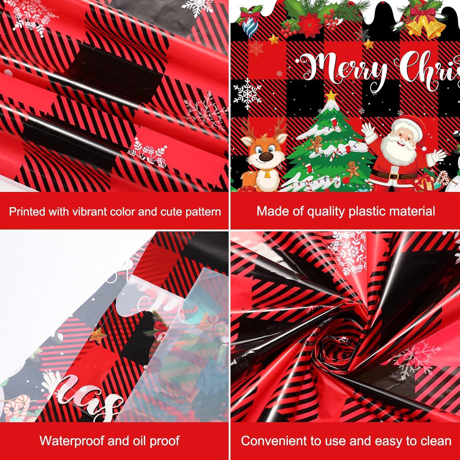 Tiamon Mantel de Navidad con diseño de búfalo de Navidad, mantel de picnic rojo y negro, mantel de plástico con copos de nieve para decoración de