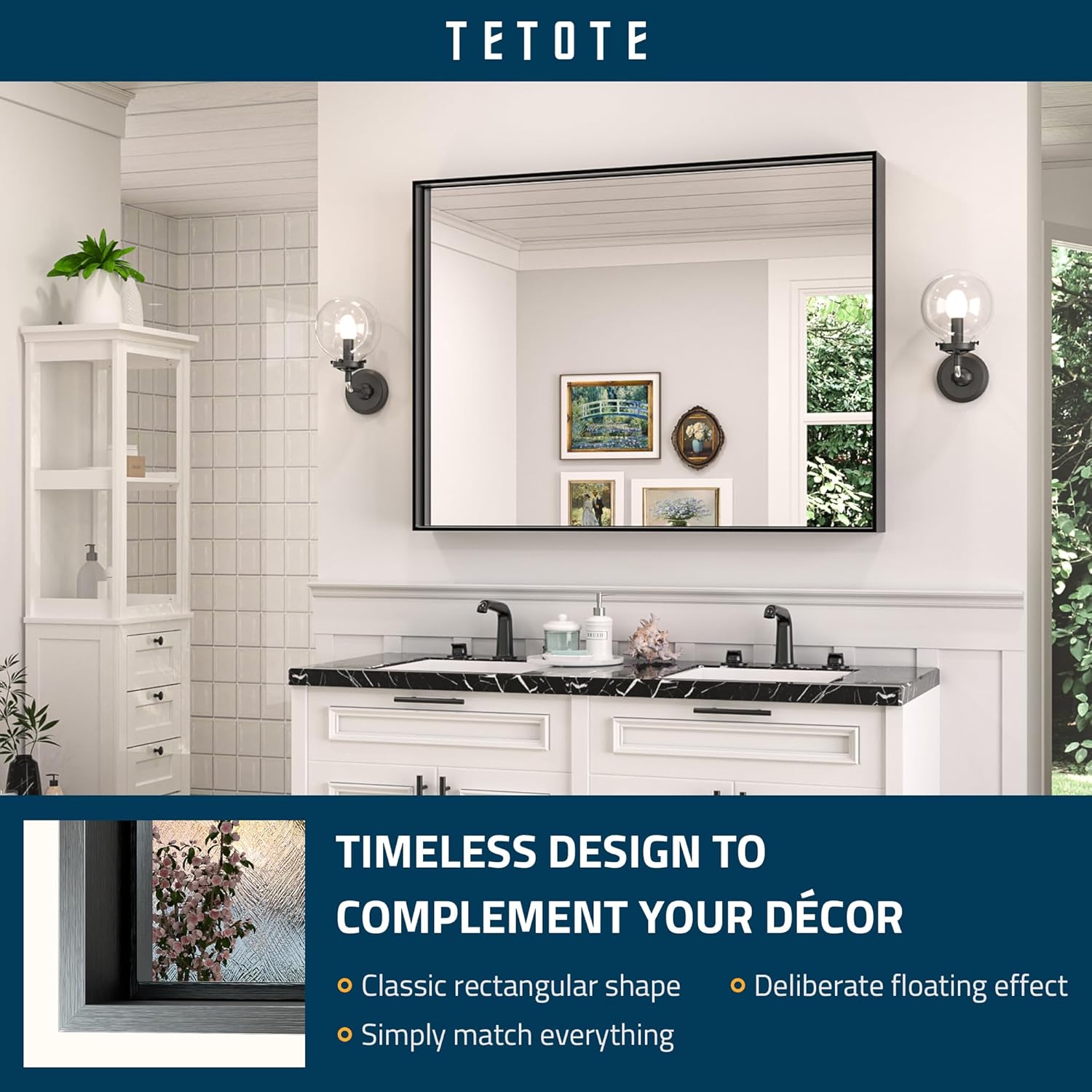 TETOTE Espejo de baño con marco negro de 40 x 30 pulgadas, espejo rectangular grande de pared de baño, marco de metal negro mate, espejo rectangular