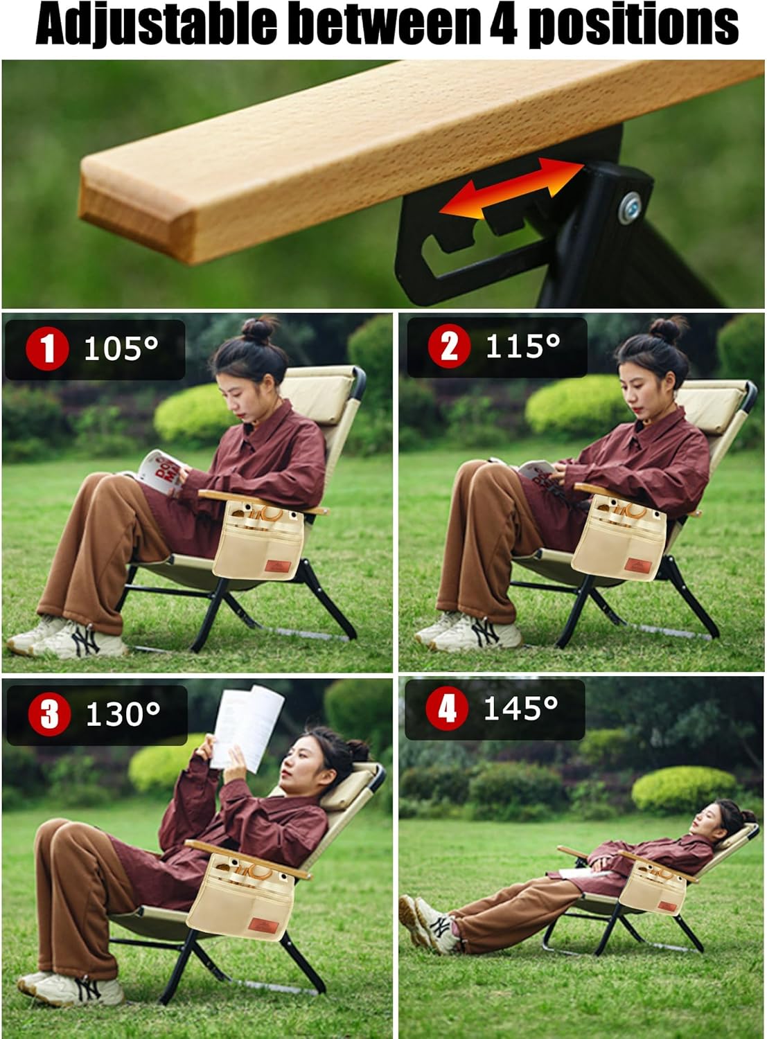 Silla de camping, silla compacta de 4 posiciones ajustables, silla plegable portátil, silla de playa con bolsillo lateral, reposacabezas, soporte