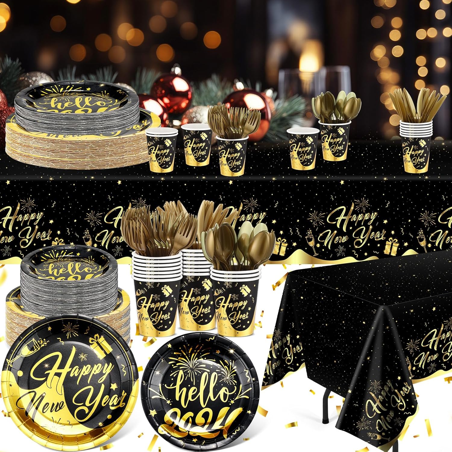 Yaomiao Juego de vajilla desechable de 146 piezas de feliz año nuevo 2024, suministros de fiesta de Año Nuevo, mantel desechable, taza de papel,