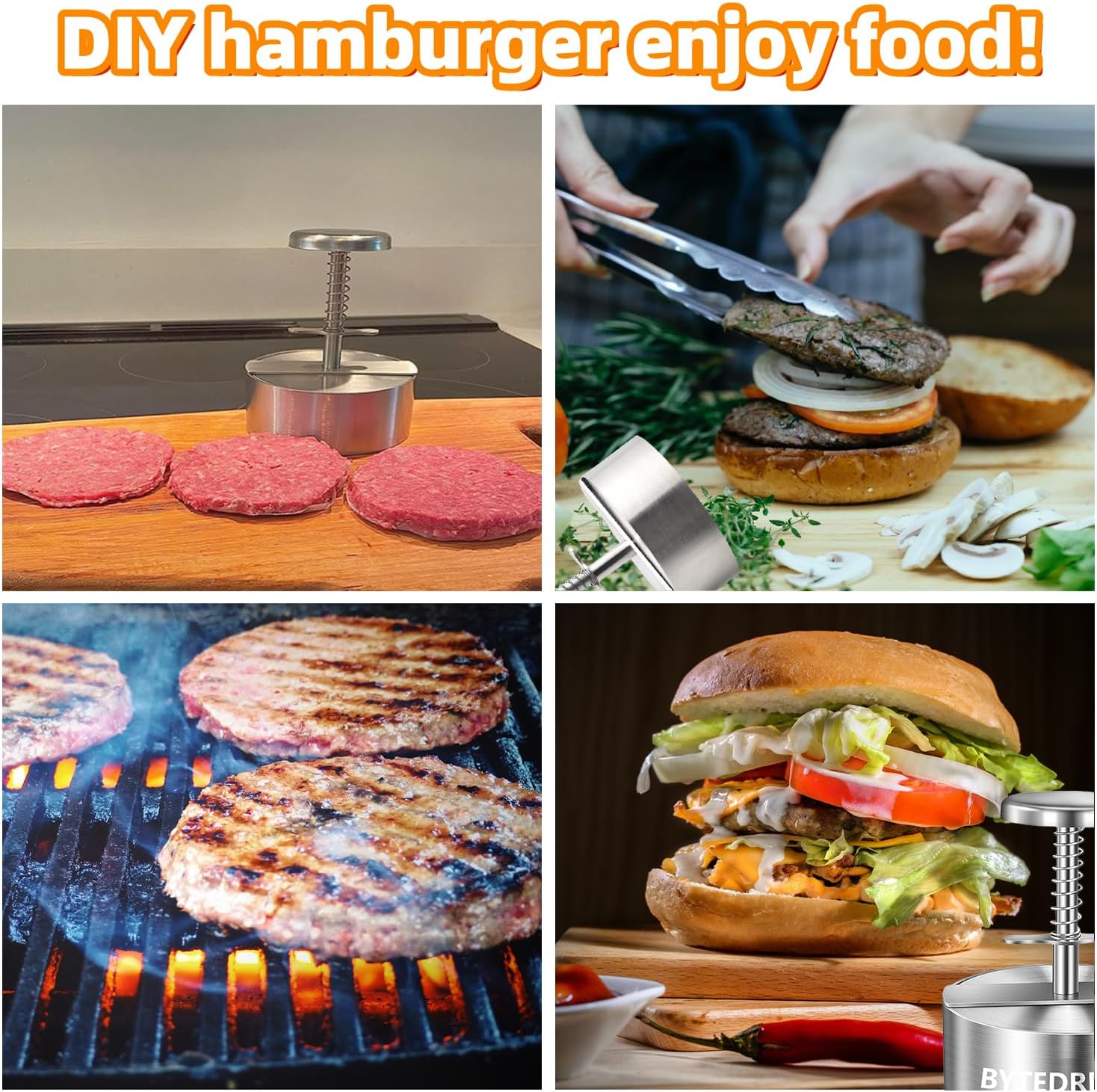 BYTEDREAM Prensa de hamburguesas, molde para hamburguesas de acero inoxidable de grado alimenticio, libre de 100 cortezas de hamburguesas para uso
