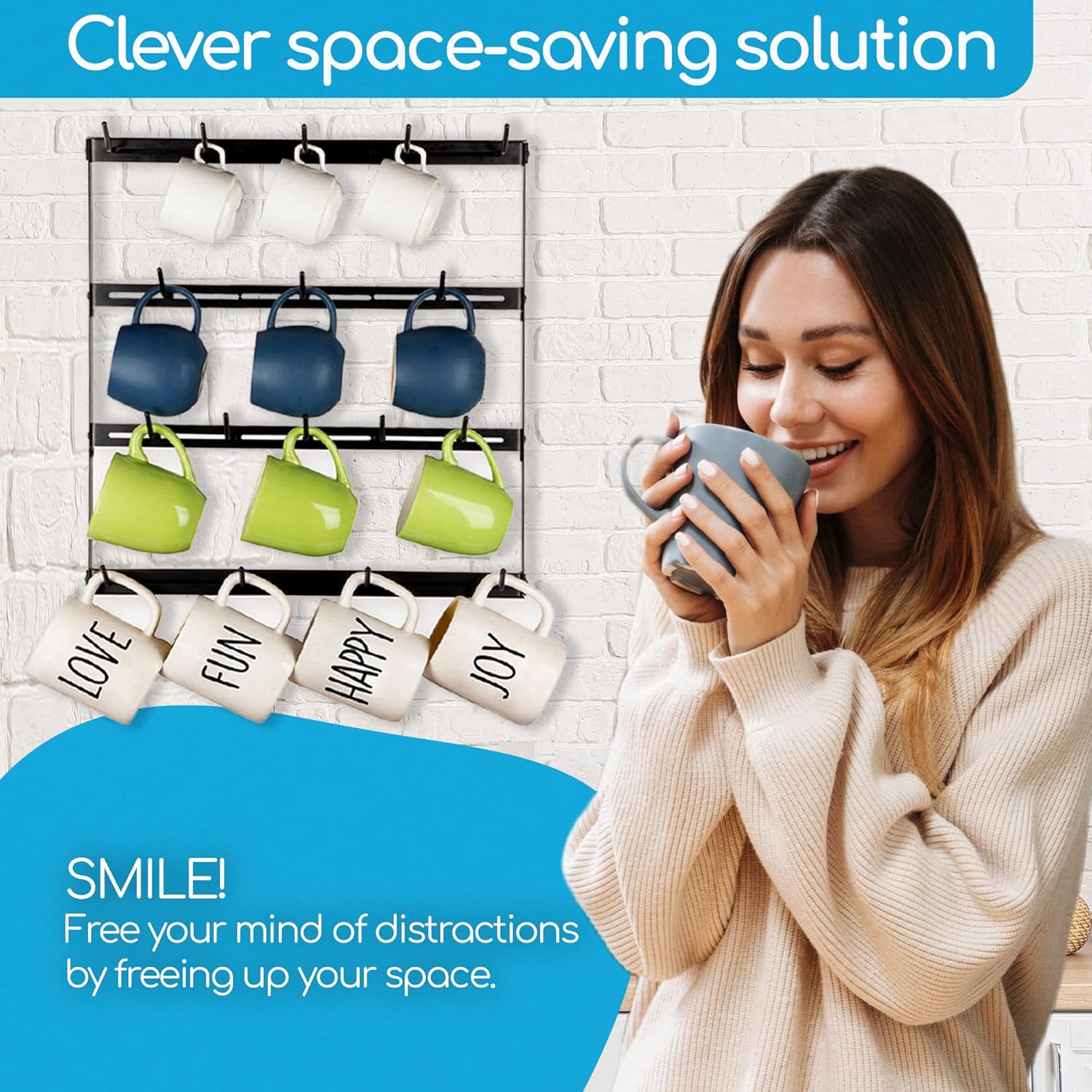 Estante de pared para tazas  Estante personalizable para tazas de pared, con ganchos ajustables. Estante para tazas de café, montado en la pared o
