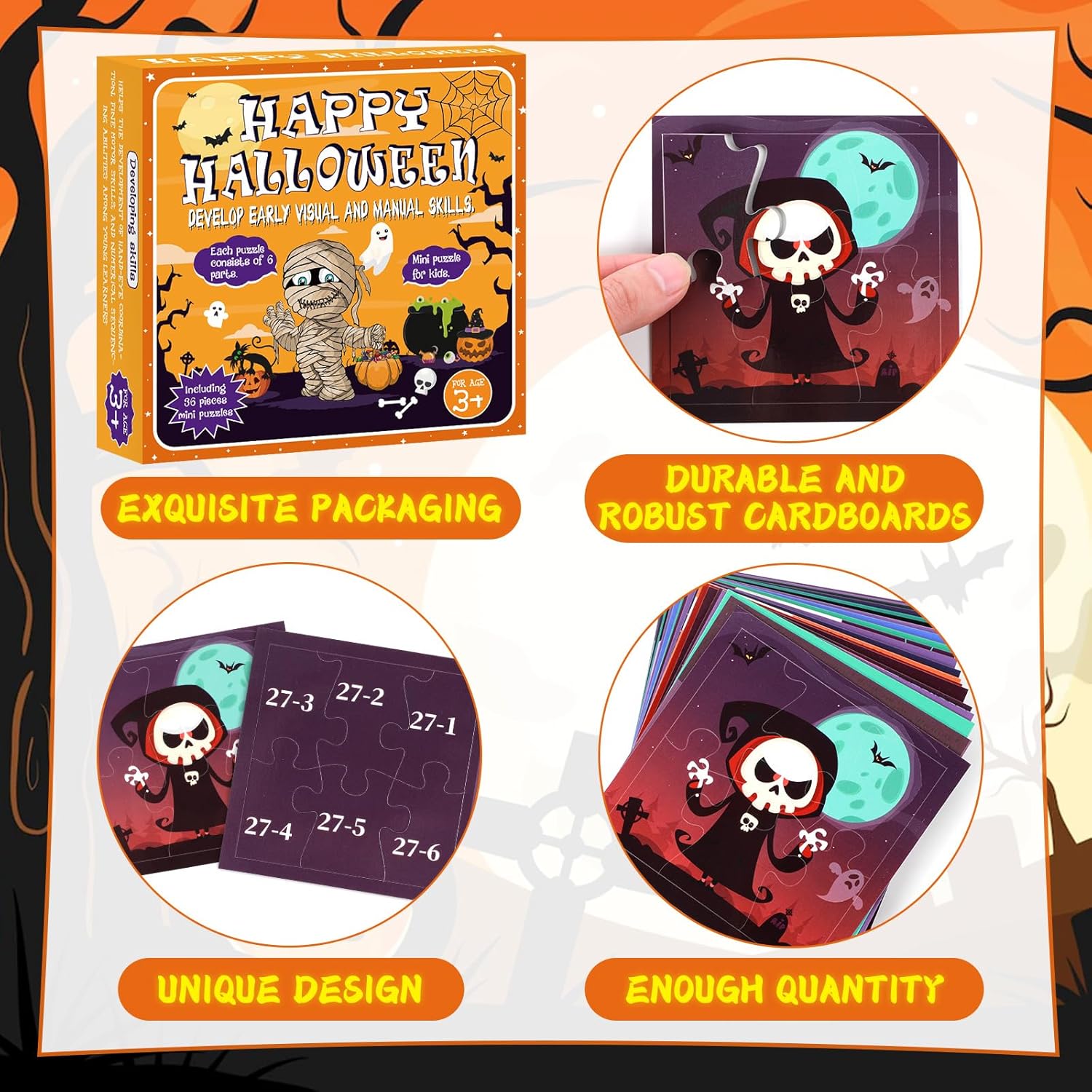Juego de 36 piezas de rompecabezas de Halloween para niños, rompecabezas de papel de Halloween, miniaturas, regalos para la escuela, aula,