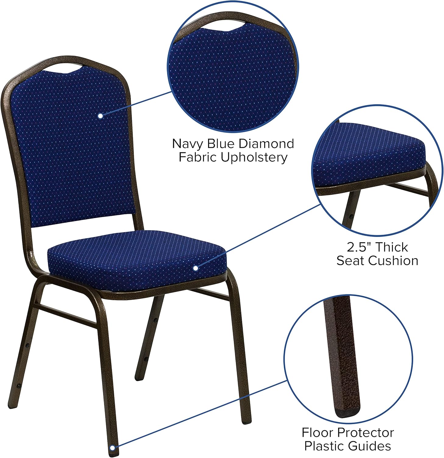 BizChair Silla de banquete de la parte posterior de la corona, tela azul marinomarco de la vena del oro
