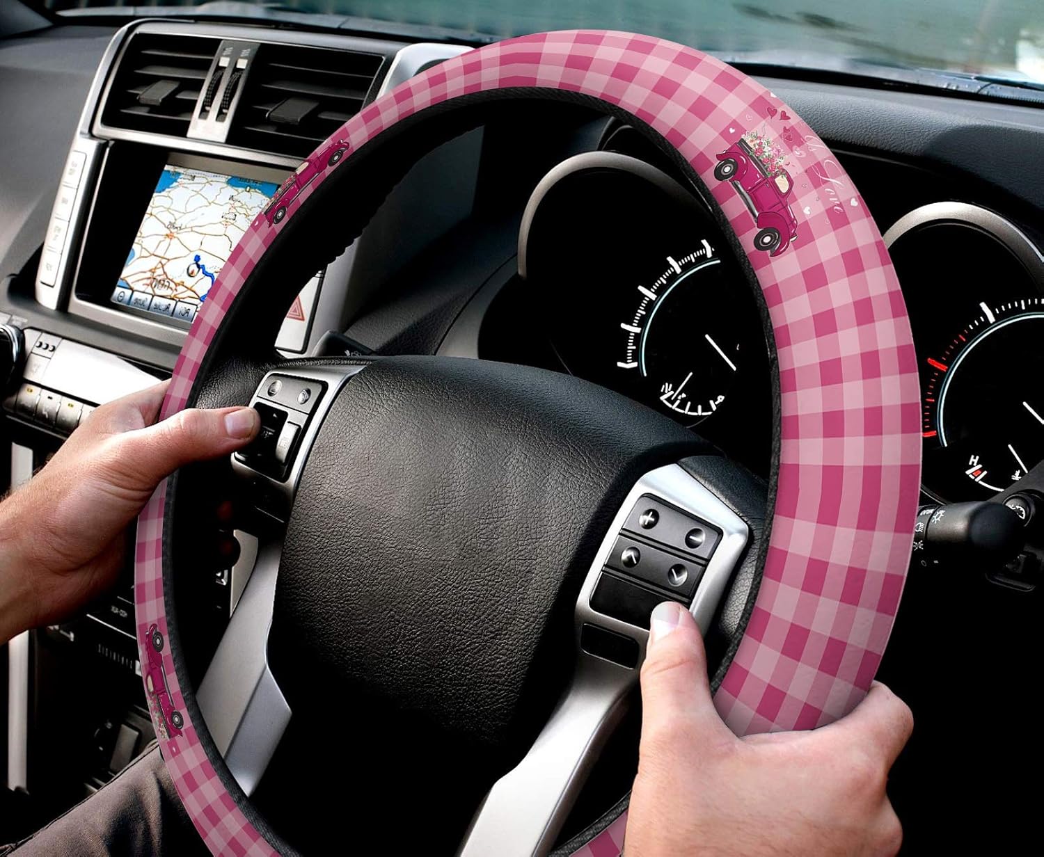 Car Steering Wheel Cover, Heart Shape Pink Truck Buffalo Plaid Elastic Stretch Sponge Steering Wheels Protective Cover for Vehicles Trucks SUVs