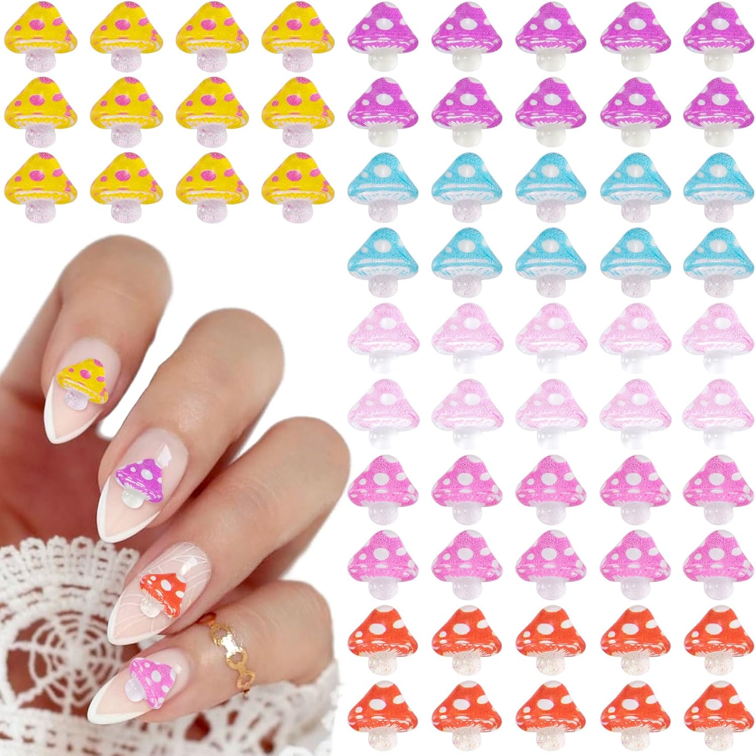 OIIKI – 120 dijes de uñas de hongos en 3D, bonito dije de purpurina para uñas artísticas, decoración de uñas de resina kawaii, diamantes de