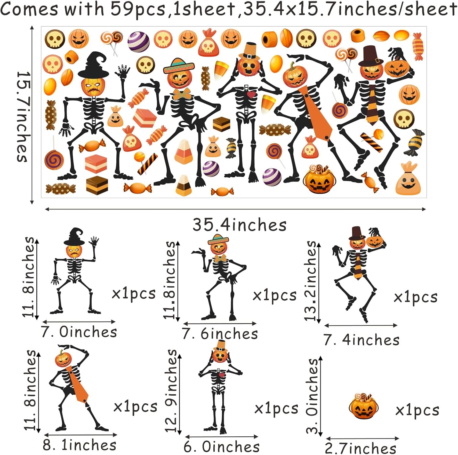 Calcomanía de pared de esqueleto de Halloween, calcomanías de pared de caramelo de calabaza, calcomanías de vinilo para ventana de Halloween,