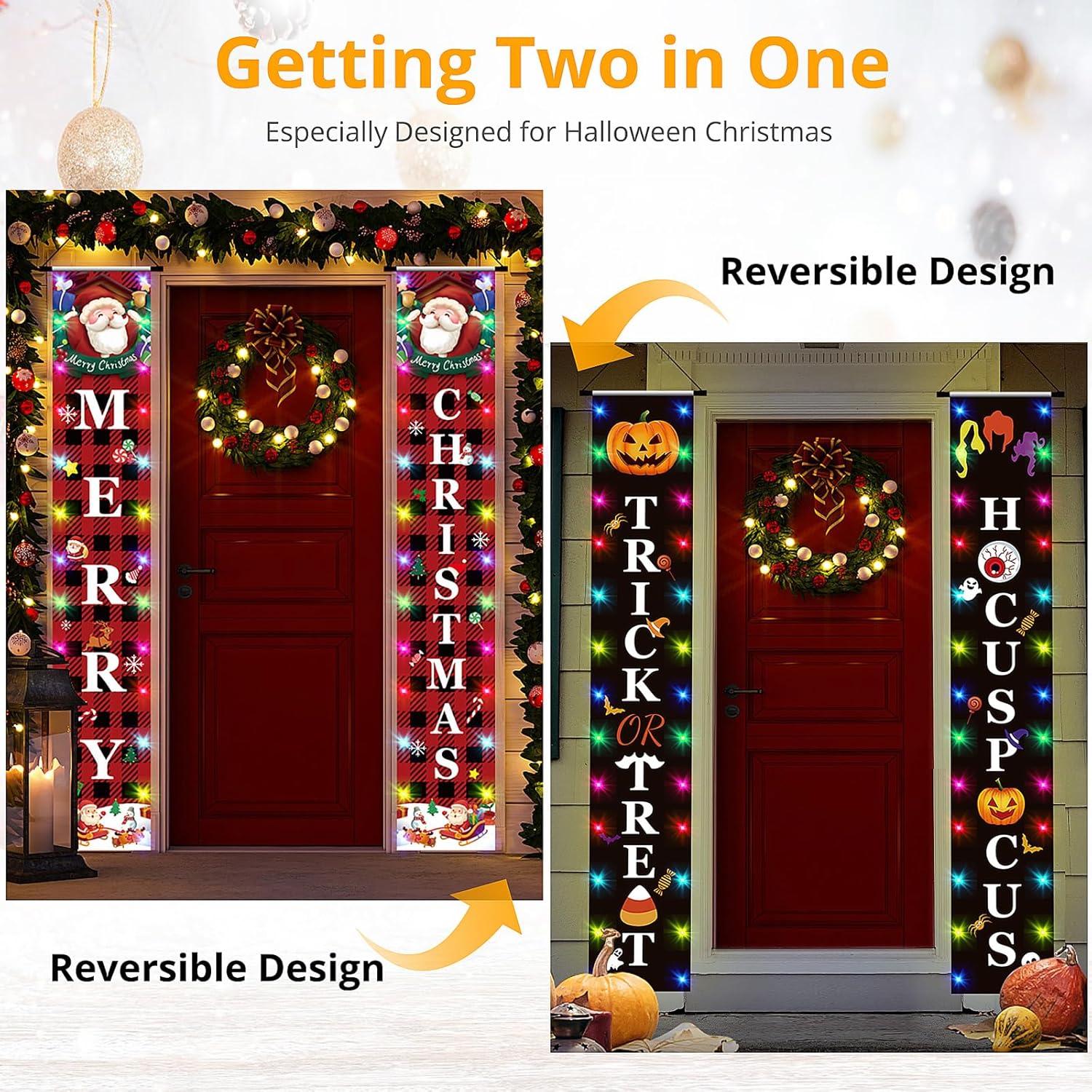Decoraciones de Navidad para exteriores, letrero reversible para porche con cadena de luces, carteles colgantes de Feliz Navidad para puerta