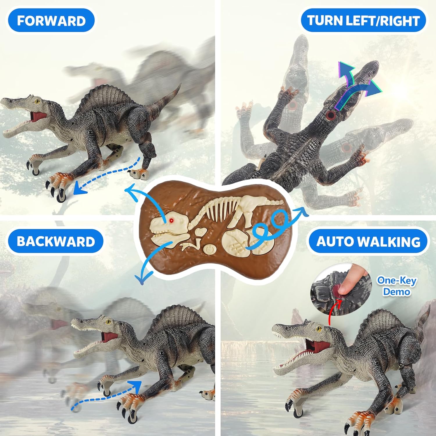 Juguete de dinosaurio a control remoto – Realista para caminar, rugir y rociar espinosaurio y T-Rex – Robot dinosaurio iluminado y sacudido de