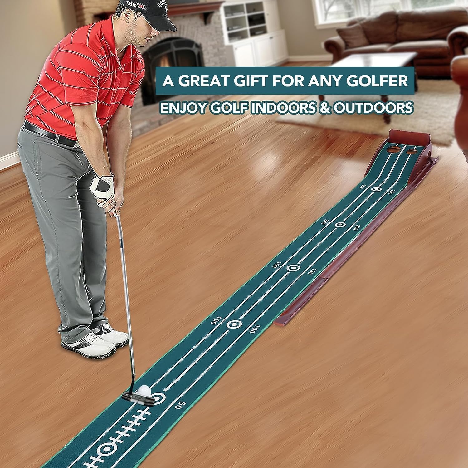 GOLVKI Putting Matt de golf para interiores y exteriores, verde con retorno de pelota y entrenamiento de 2 tamaños de agujero, equipo de