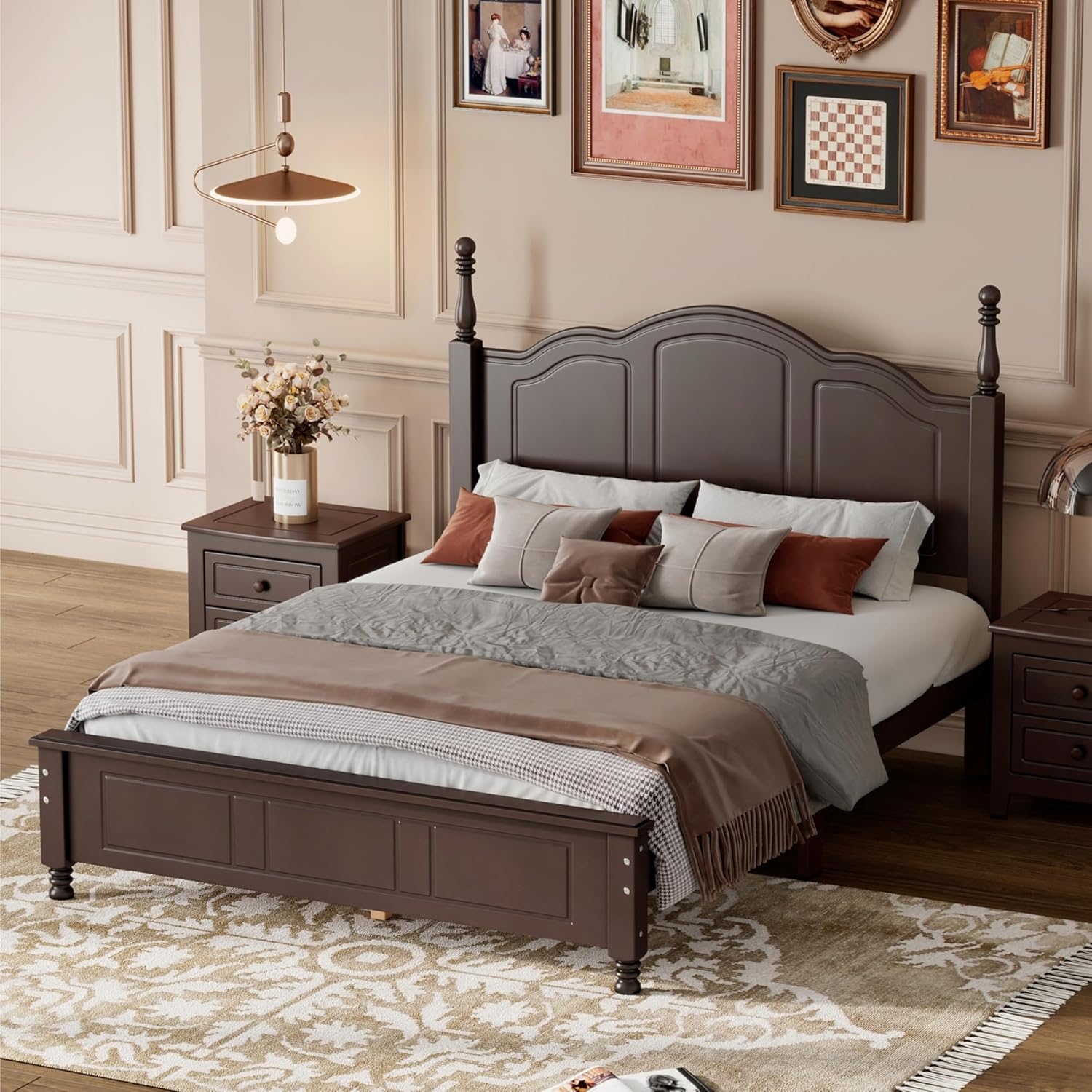 SOFTSEA Moderno marco de cama matrimonial con cabecero alto y estribo de madera