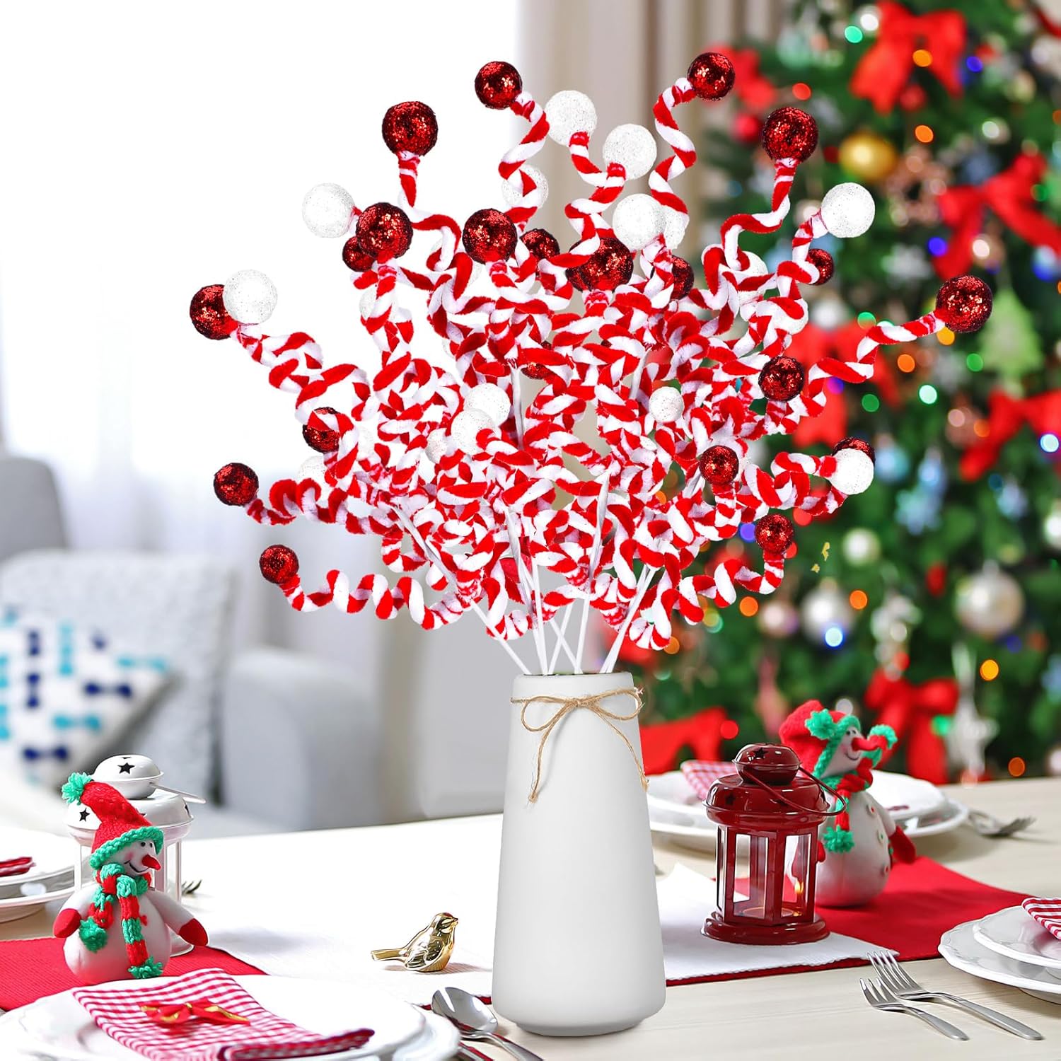 8 piezas de bolas de lentejuelas rojas y blancas para decoración de árbol de Navidad, decoración de árbol de Navidad hecha a mano con purpurina para