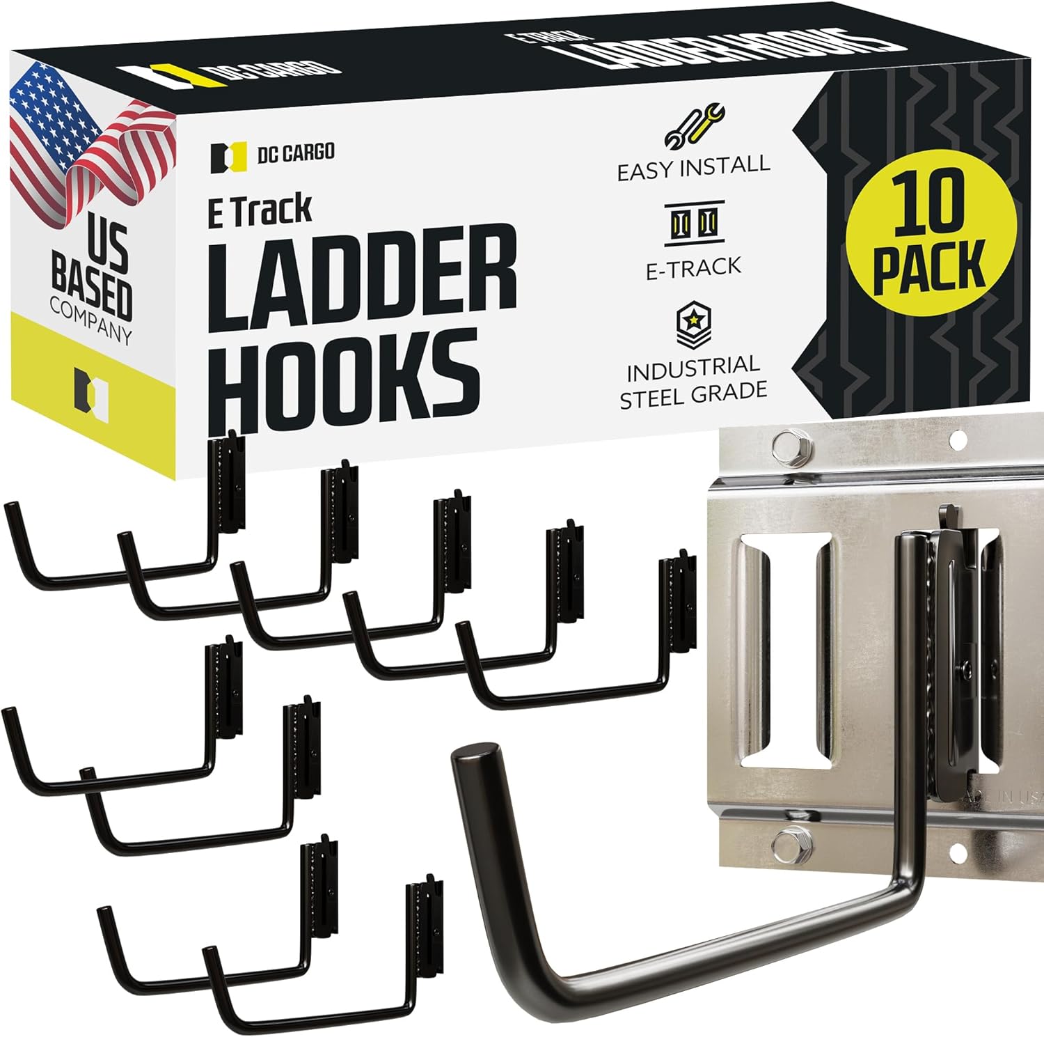 DC Cargo – Ganchos de escalera extendidos planos en J para riel (10 unidades), accesorios para colgar en la pared del garaje, ganchos de