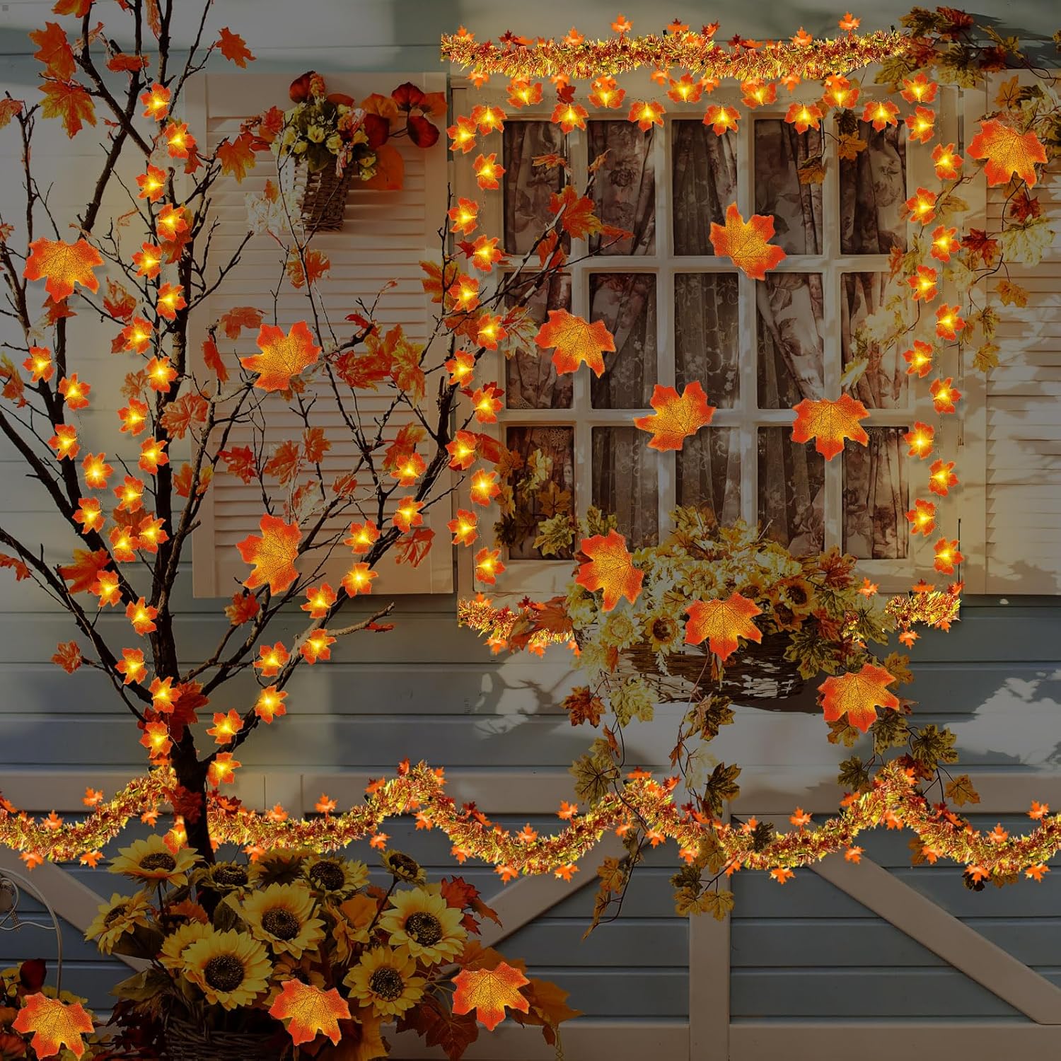 Decoraciones de otoño, guirnalda de oropel con purpurina de 33 pies, 40 luces LED de hojas de arce, hojas de arce artificiales para boda, calabaza,