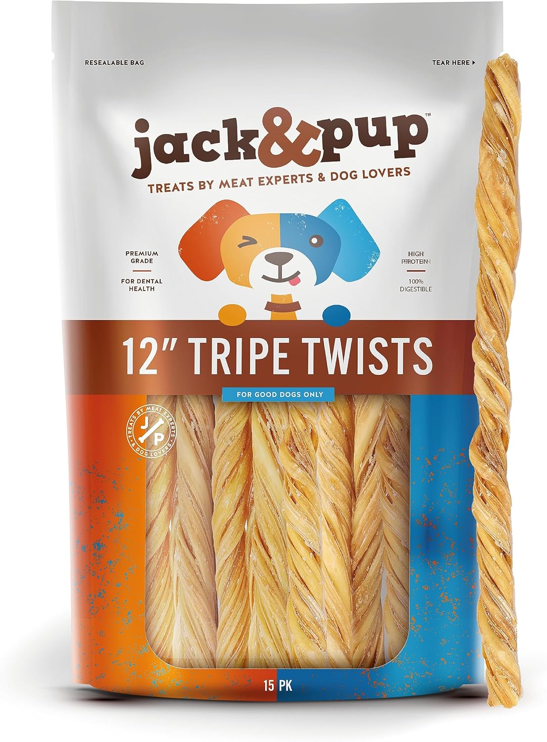 Jack&Pup – Tripe Twist de 12 pulgadas para perros, masticables sin cuero crudo de larga duración  Golosinas para perros bajos en calorías de un solo