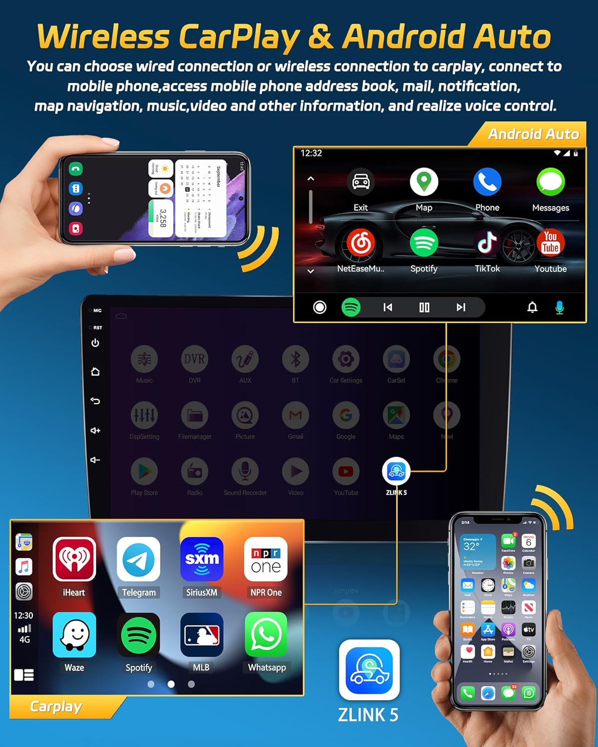 Hikity Android 13 Estéreo de coche inalámbrico Apple Carplay Android Auto, 8 Core 4+64G Doble Din 9 pulgadas Pantalla táctil Audio del coche