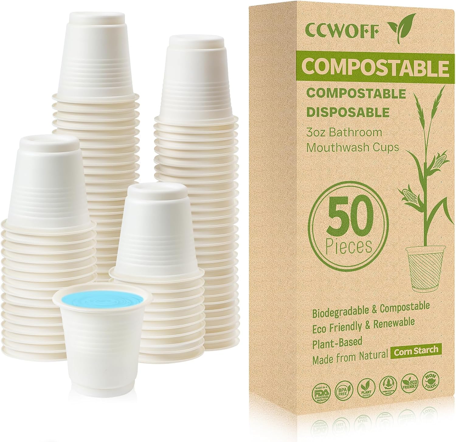 Vasos de baño de 3 onzas 100% compostables, biodegradables, ecológicas, tazas para enjuague bucal para enjuagar la boca, vasos desechables para
