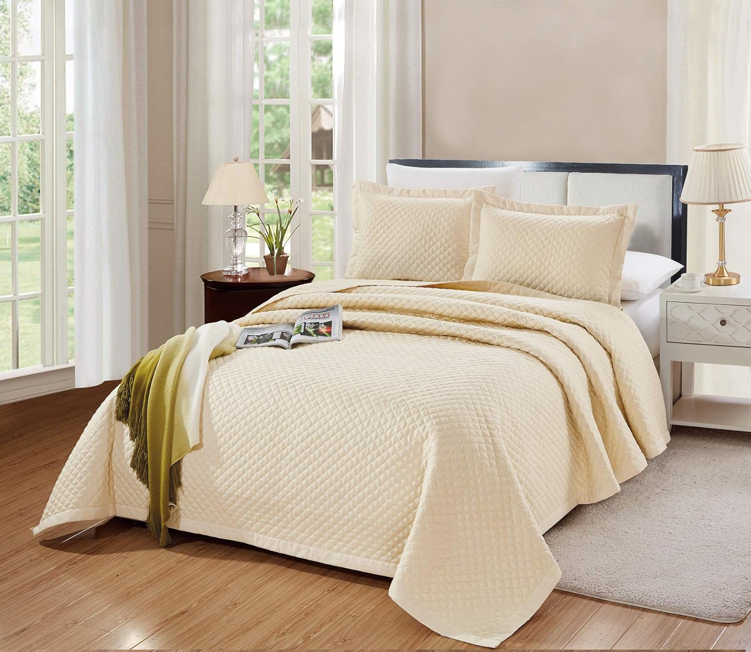 Juego de ropa de cama de 3 piezas Nápoles color marfil claro sólido (California) tamaño California King de 104 x 90 pulgadas, colcha con 2 fundas de