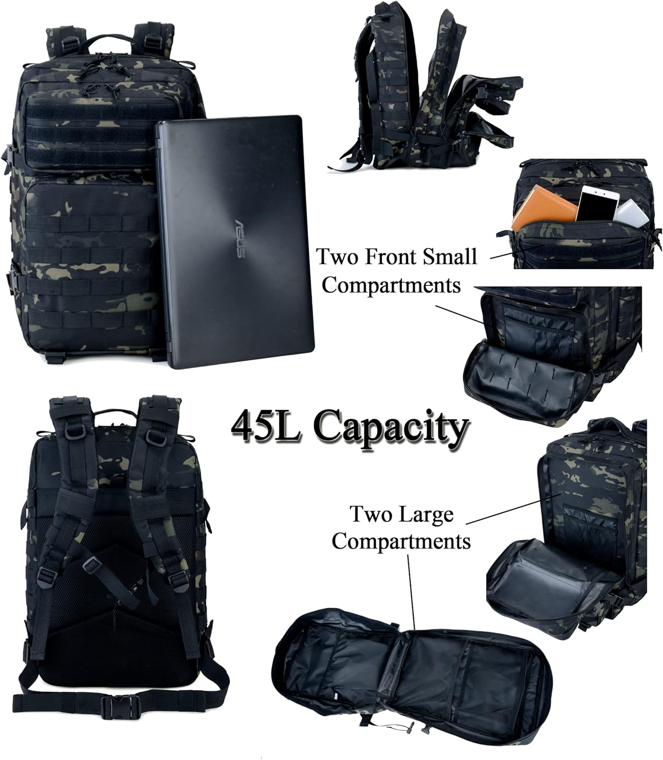 Long Keeper Mochila táctica militar – Hombres 45L 3 Días Gran Ejército Molle Sistema Camping Senderismo Bolsas Mochila, Negro Cp Camo, Táctica