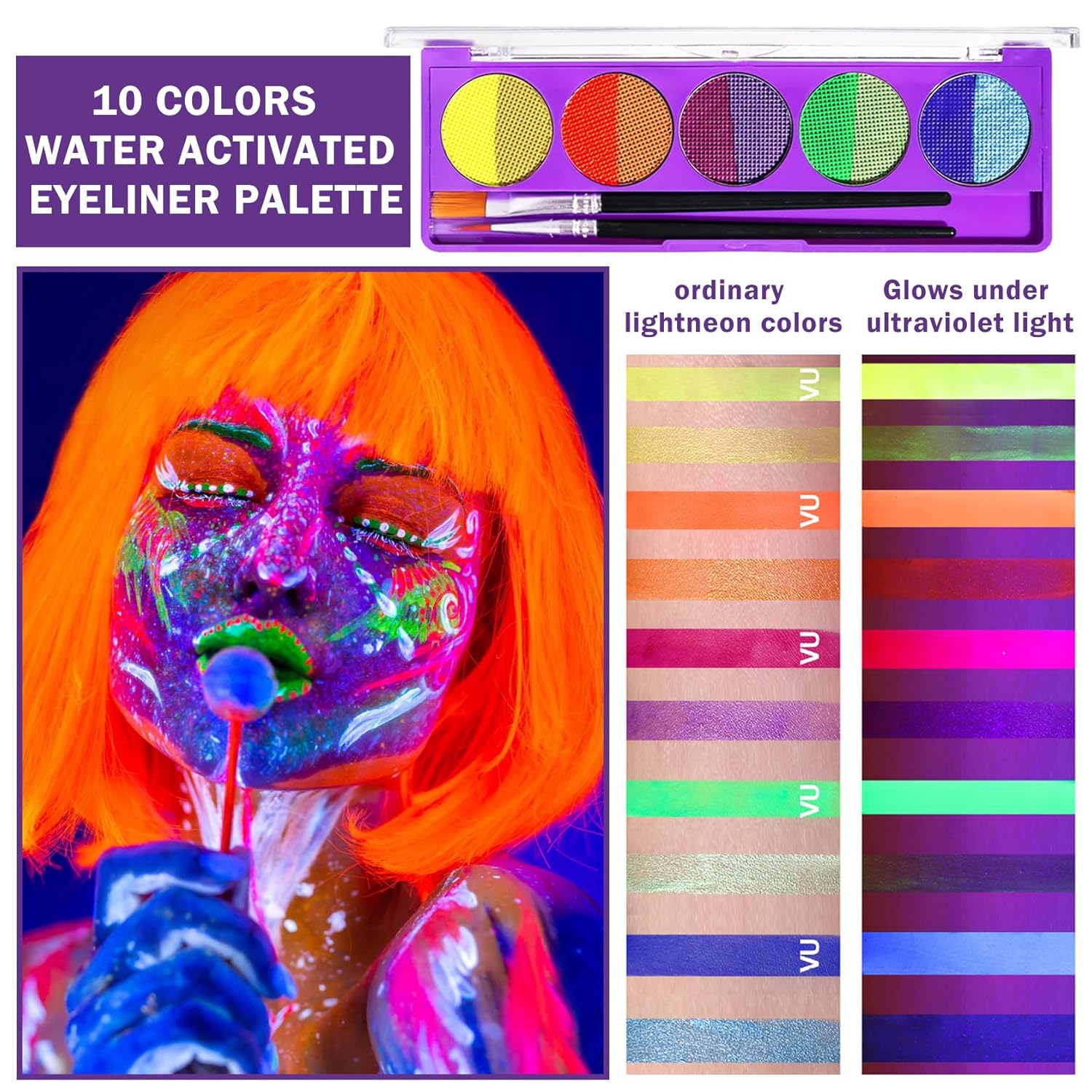 10 colores de pintura facial neón que brilla en la oscuridad, maquillaje activado por agua, paleta de delineador de ojos con luz negra, pintura