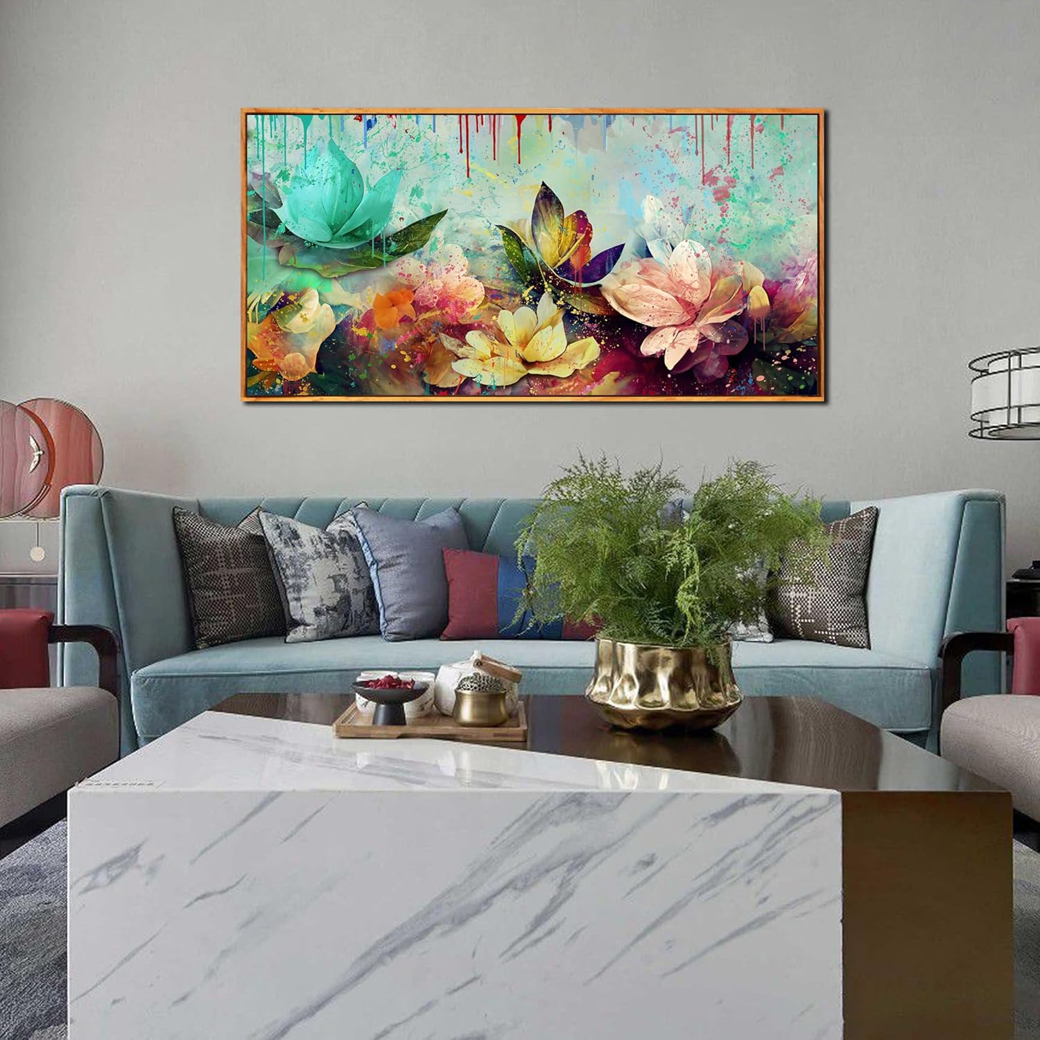 Arte de pared de flores para sala de estar, lienzo floral enmarcado para dormitorio, pintura de impresión de loto de acuarela, tamaño 40 x 20