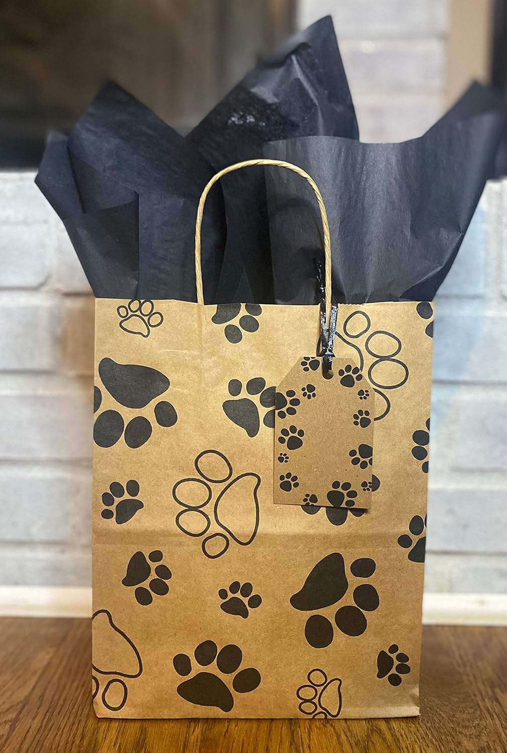 Chalkallaboutit Juego de 5 bolsas de regalo con estampado de huellas de pata con papel de seda (5) (Kraft con negro)