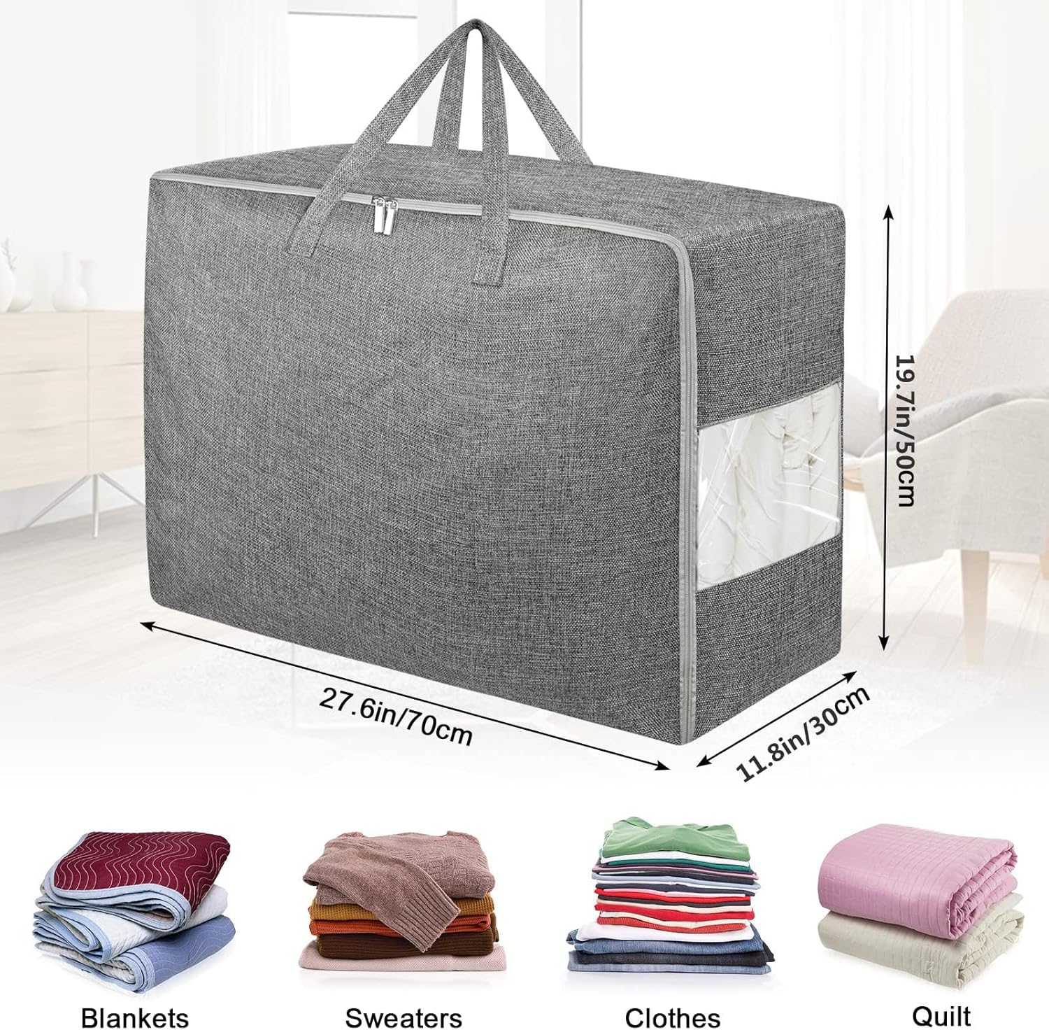 Paquete de 4 bolsas de almacenamiento extra grandes de 105 litros, plegables para manta de edredón, organizadores de clóset y contenedores de