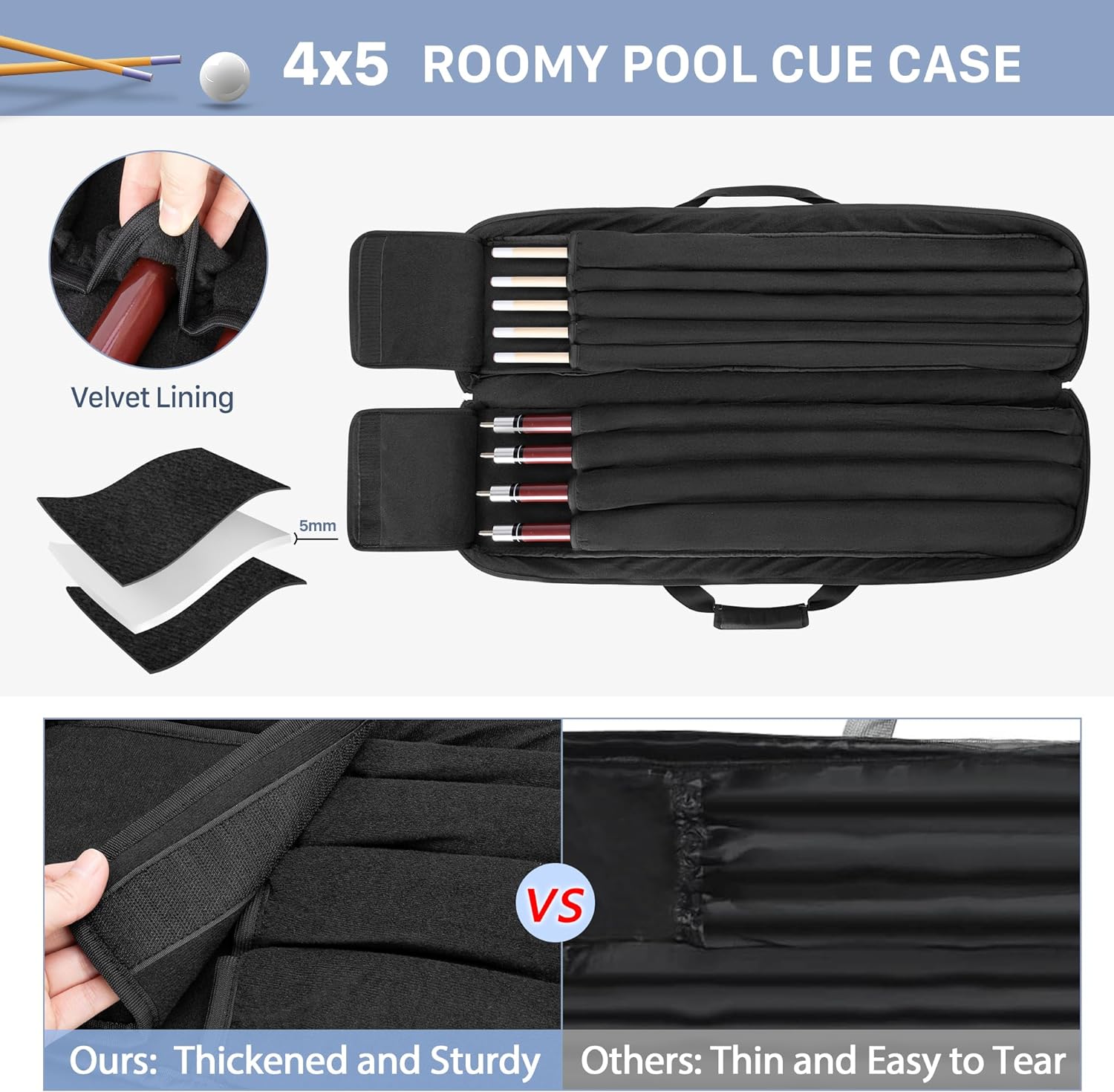 GOBUROS Estuche para taco de billar de 4 x 5, funda de transporte con capacidad para 4 traseros y 5 ejes, bolsa suave para palos de piscina con