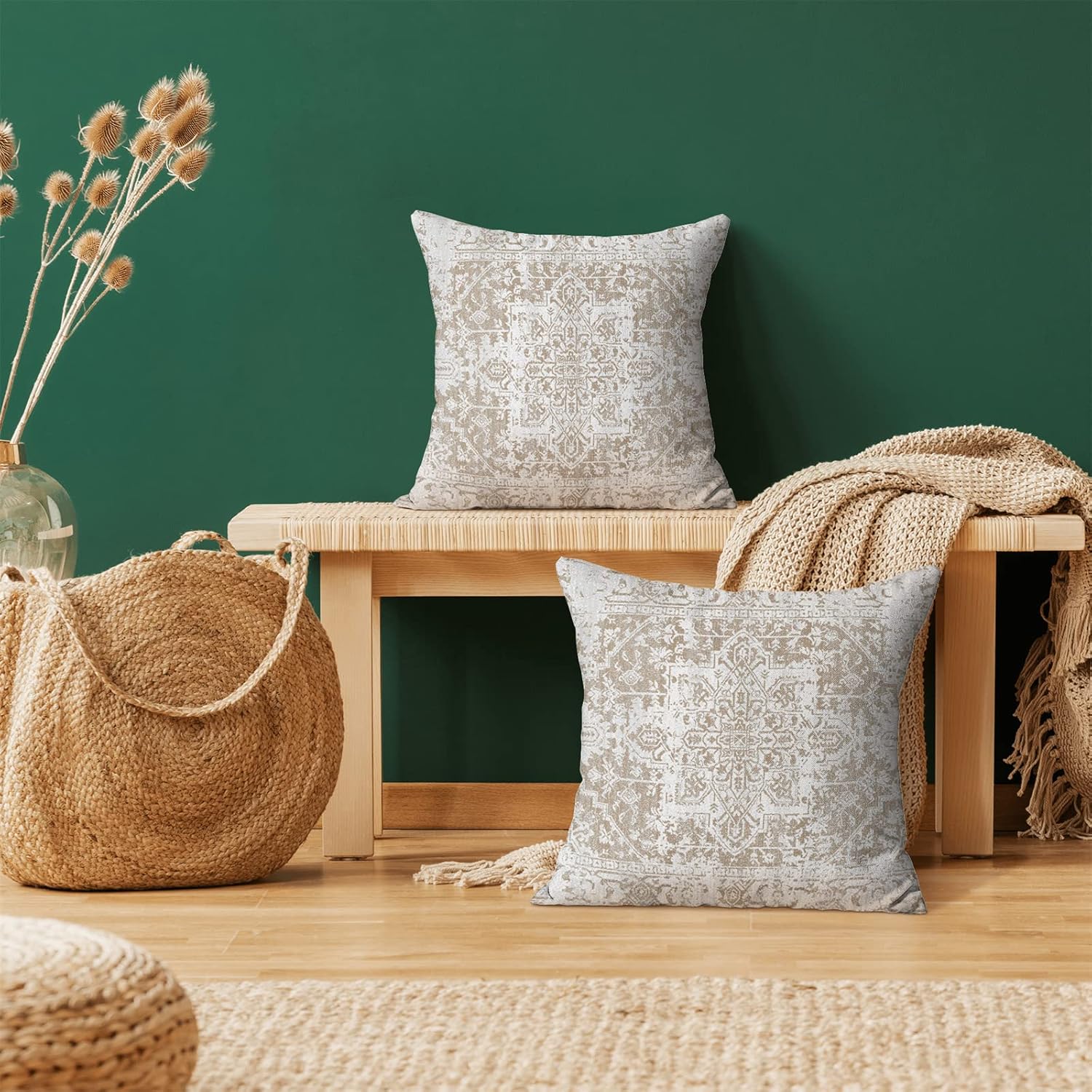 Juego de 3 fundas de almohada bohemias de 16 x 16 pulgadas, fundas de cojín con patrón de alfombra, diseño étnico marrón, beige, blanco, para