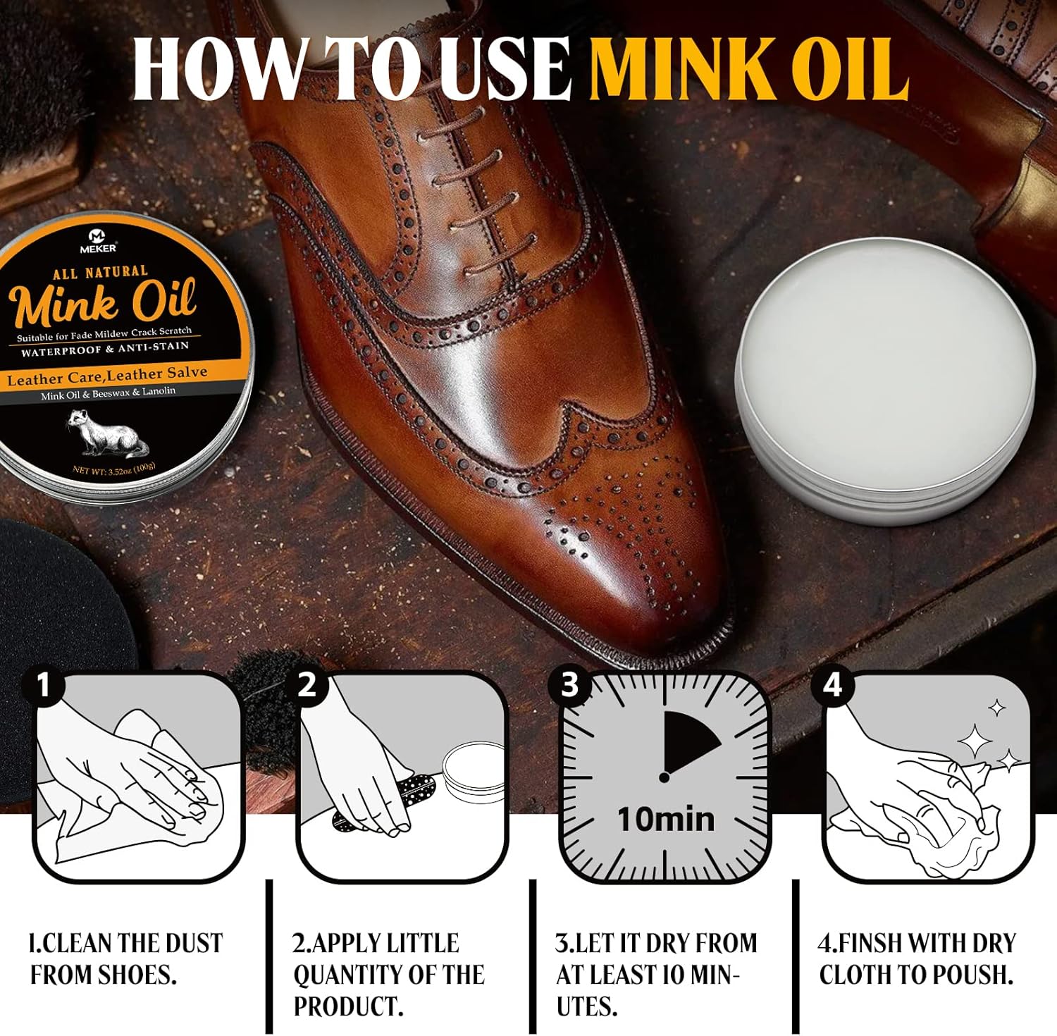 MEKER Aceite de visón para botas de cuero, acondicionador y limpiador de cuero, 3.52 onzas, totalmente natural, impermeable, suaviza y restaura