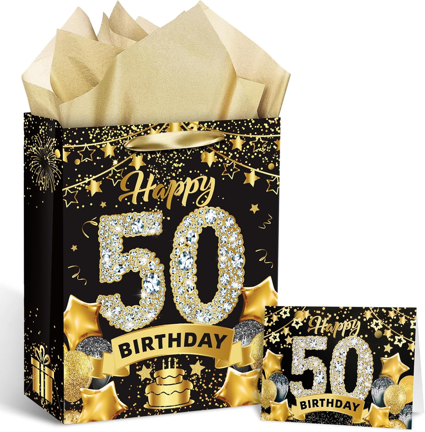 Bolsa de regalo de cumpleaños número 50, bolsa dorada de regalo de 50 cumpleaños con papel de seda y tarjeta, bolsas de regalo de papel kraft de 50