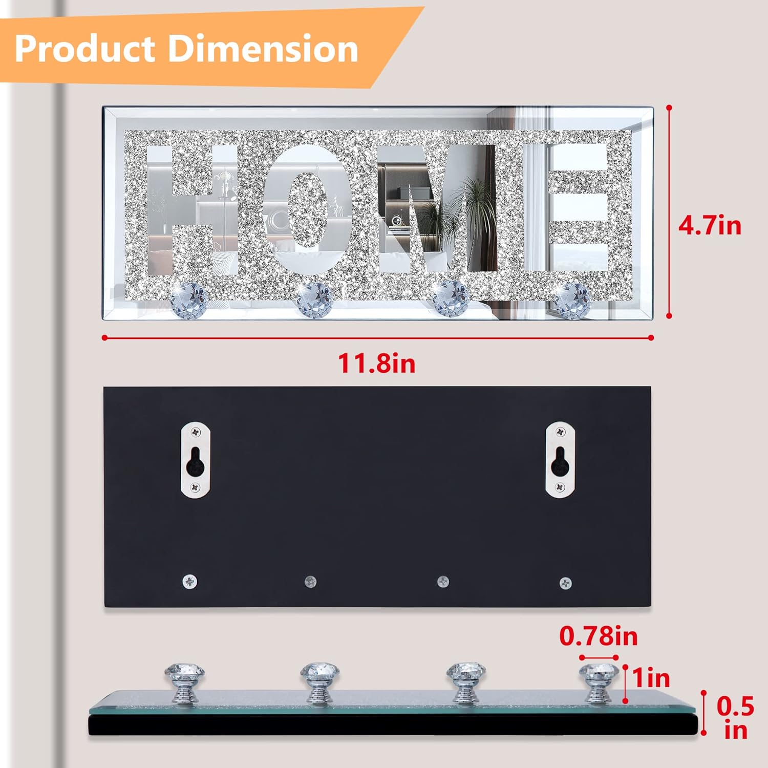 SHYFOY Ganchos transparentes para llaves, soporte para llaves, letras brillantes para el hogar, letrero de placa para decoración de pared,
