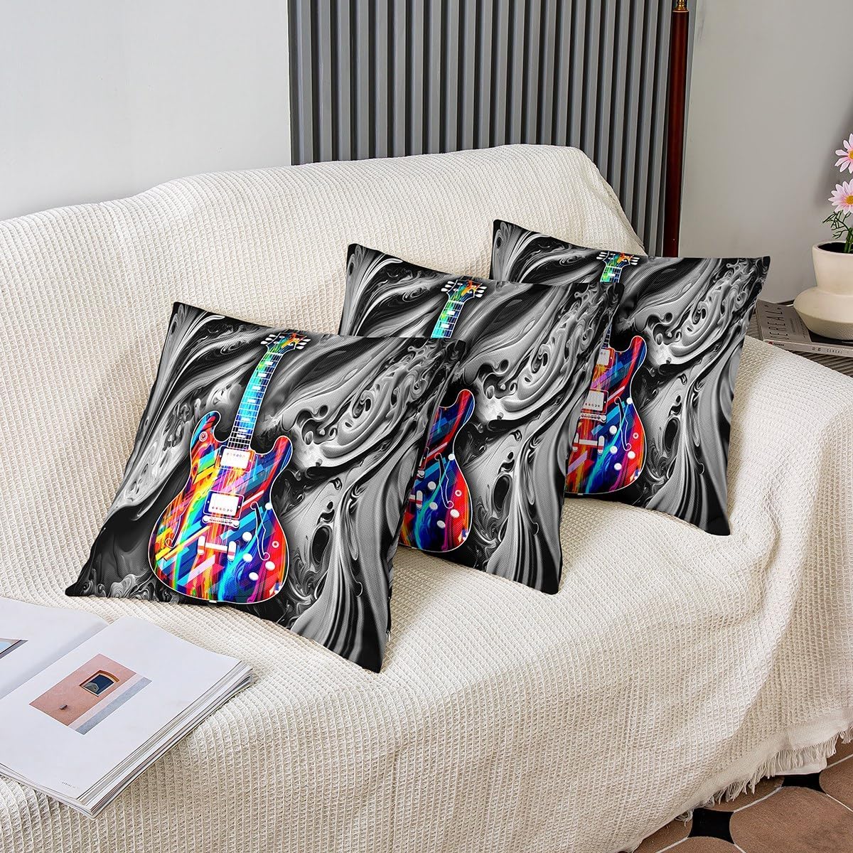 Funda de almohada colorida de guitarra con teñido anudado para sofá, funda de cojín cuadrada con textura de mármol abstracto para niños y niñas, 16