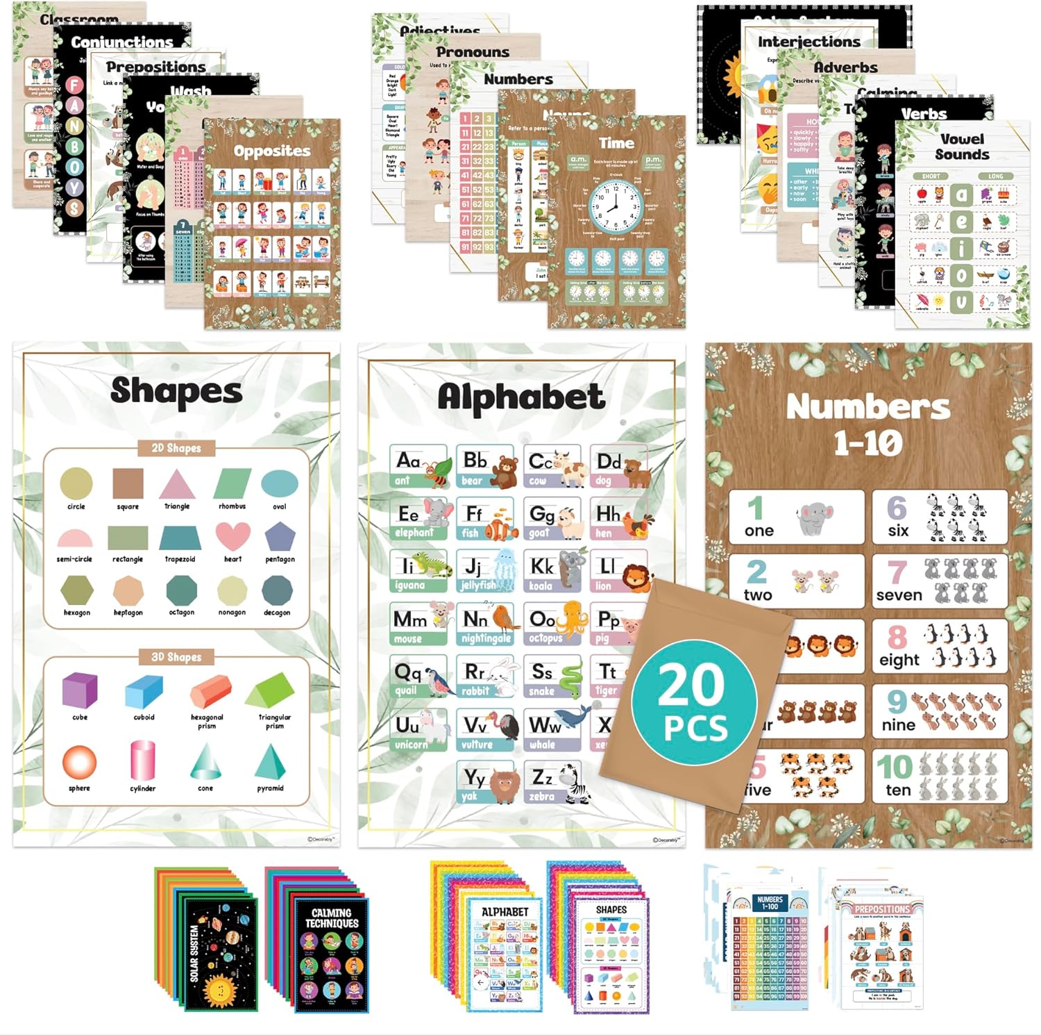 20 pósteres educativos para jardín de infantes, 11 x 17 pulgadas, carteles educativos para niños en edad preescolar, carteles de aprendizaje para