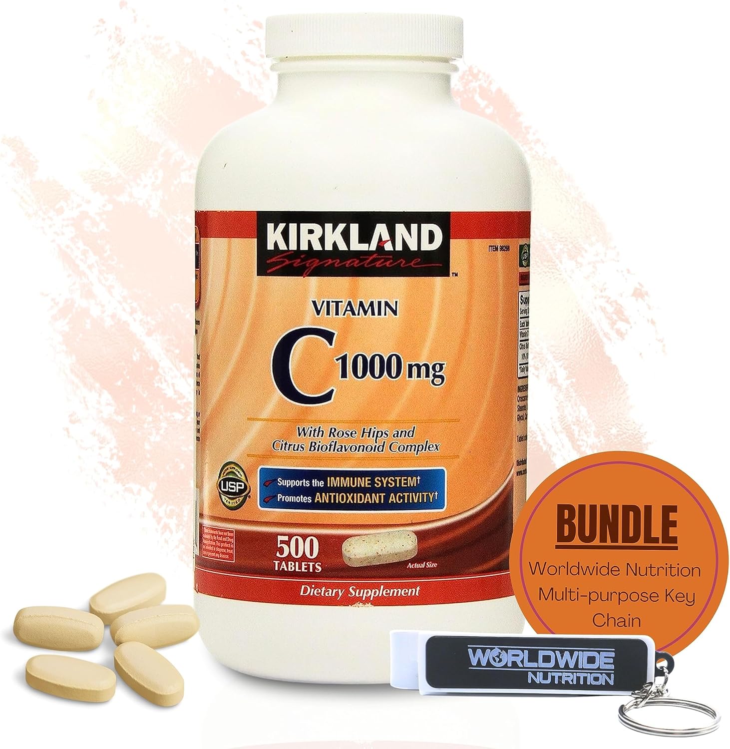 Worldwide Nutrition Bundle Kirkland Vitamina C con Rose HIPS y complejo de bioflavonoides cítricos (vitamina C 1000 mg)  500 tabletas de suplemento