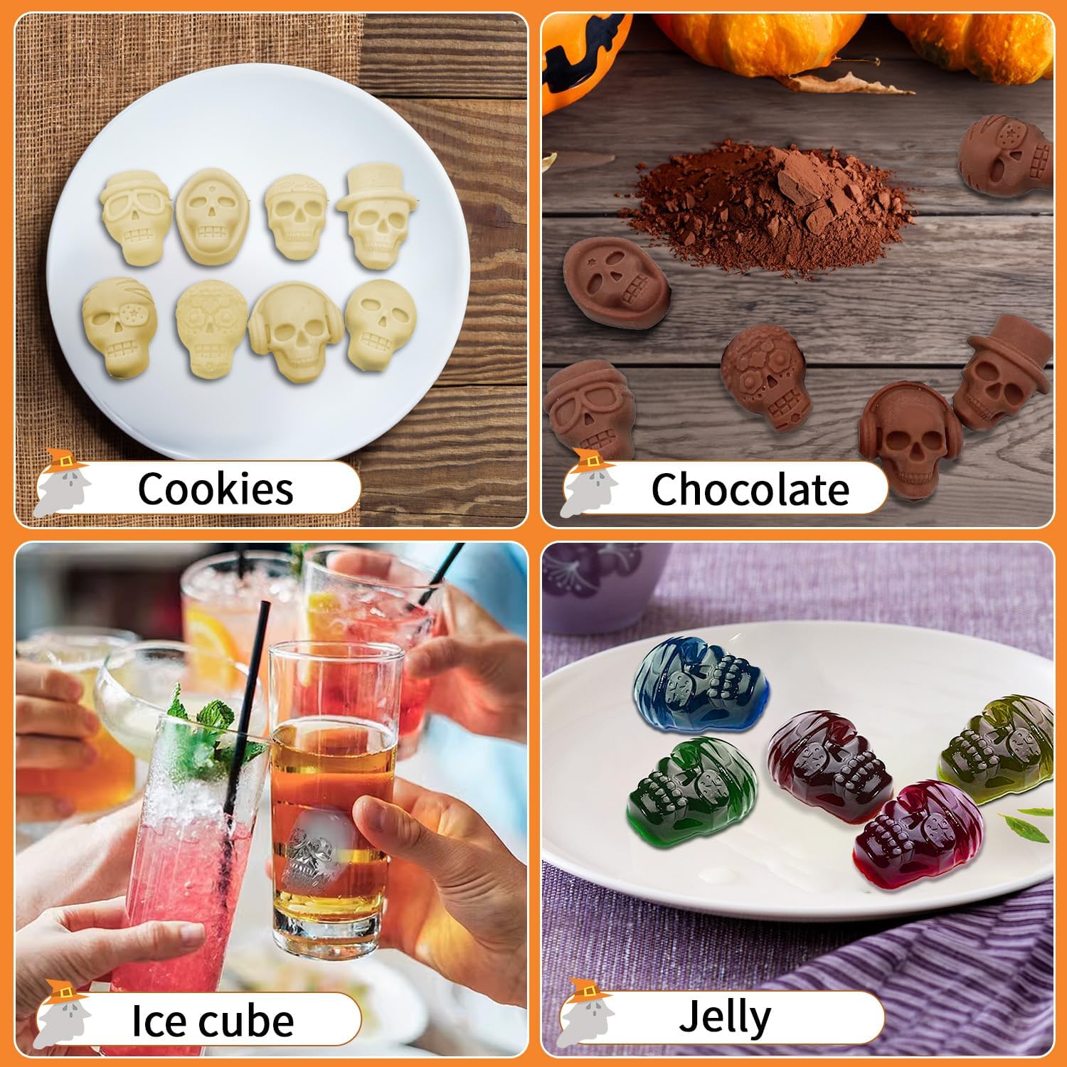 Molde de silicona de Halloween, molde de calavera de azúcar para el Día de los Muertos, paquete de 2 moldes de esqueleto 3D para hornear, chocolate,