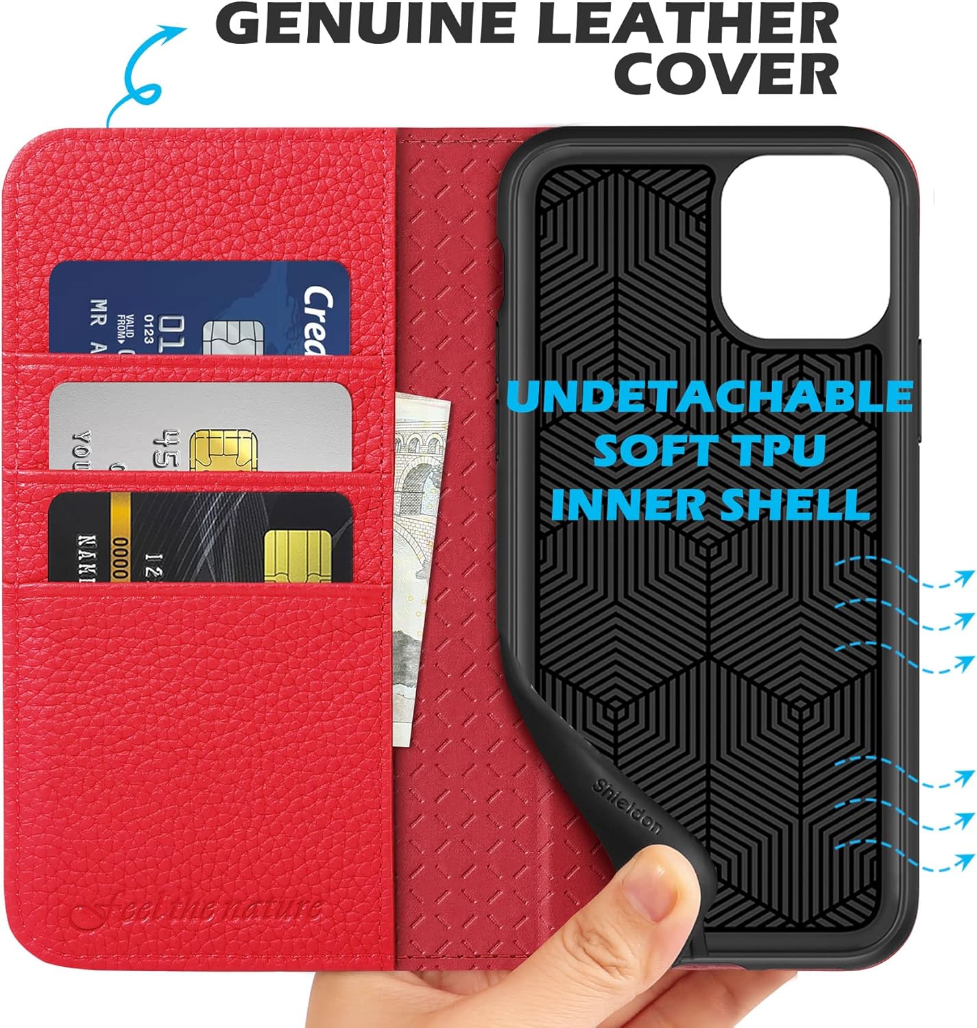 SHIELDON Funda tipo cartera para iPhone 11, de piel auténtica, plegable, con función atril, bloqueo RFID, ranuras para tarjetas de crédito, funda