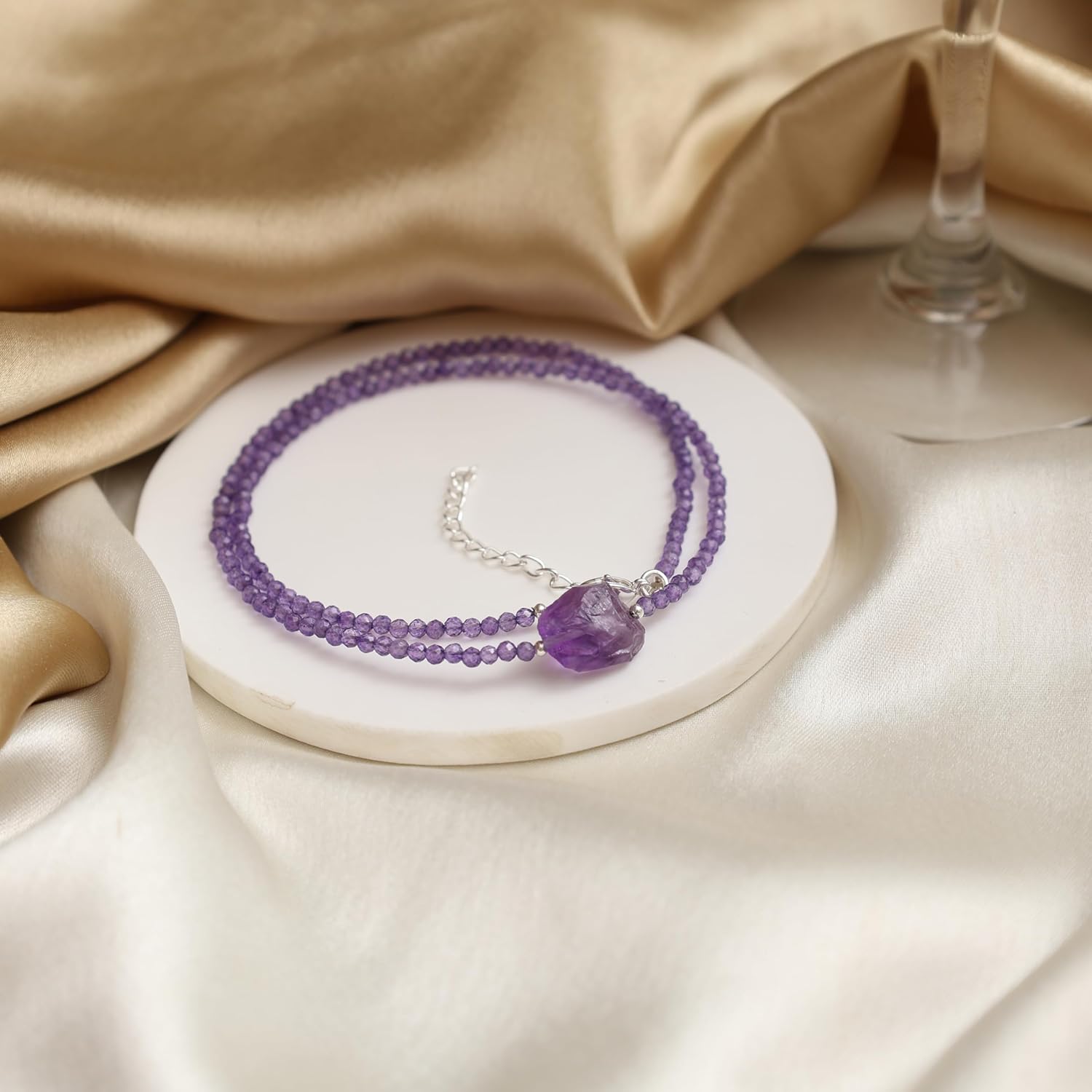Gempires Amethyst Beaded Choker Necklace with Raw Stone, Amethyst Faceted Beads 2.4-2.5 mm, February Birthstone, 18 inches Adjustable Silver Plated