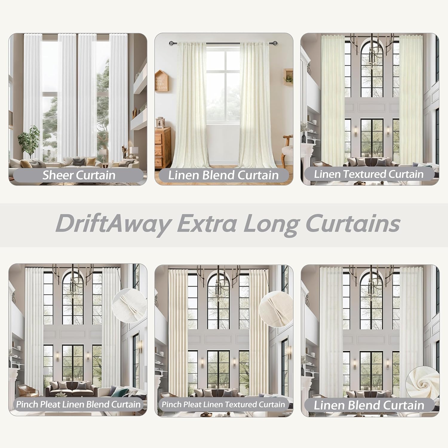 DriftAway 2 paneles de cortinas traslúcidas de lino extralargas de 90 pulgadas de largo, cortinas de lino para privacidad con filtro de luz,