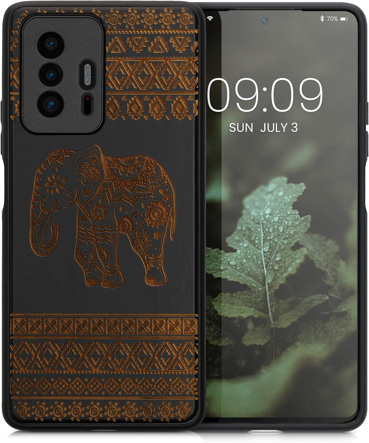 kwmobile Funda de madera compatible con Xiaomi 11T  11T Pro – Funda – Elefante de madera con patrón marrón claronegro