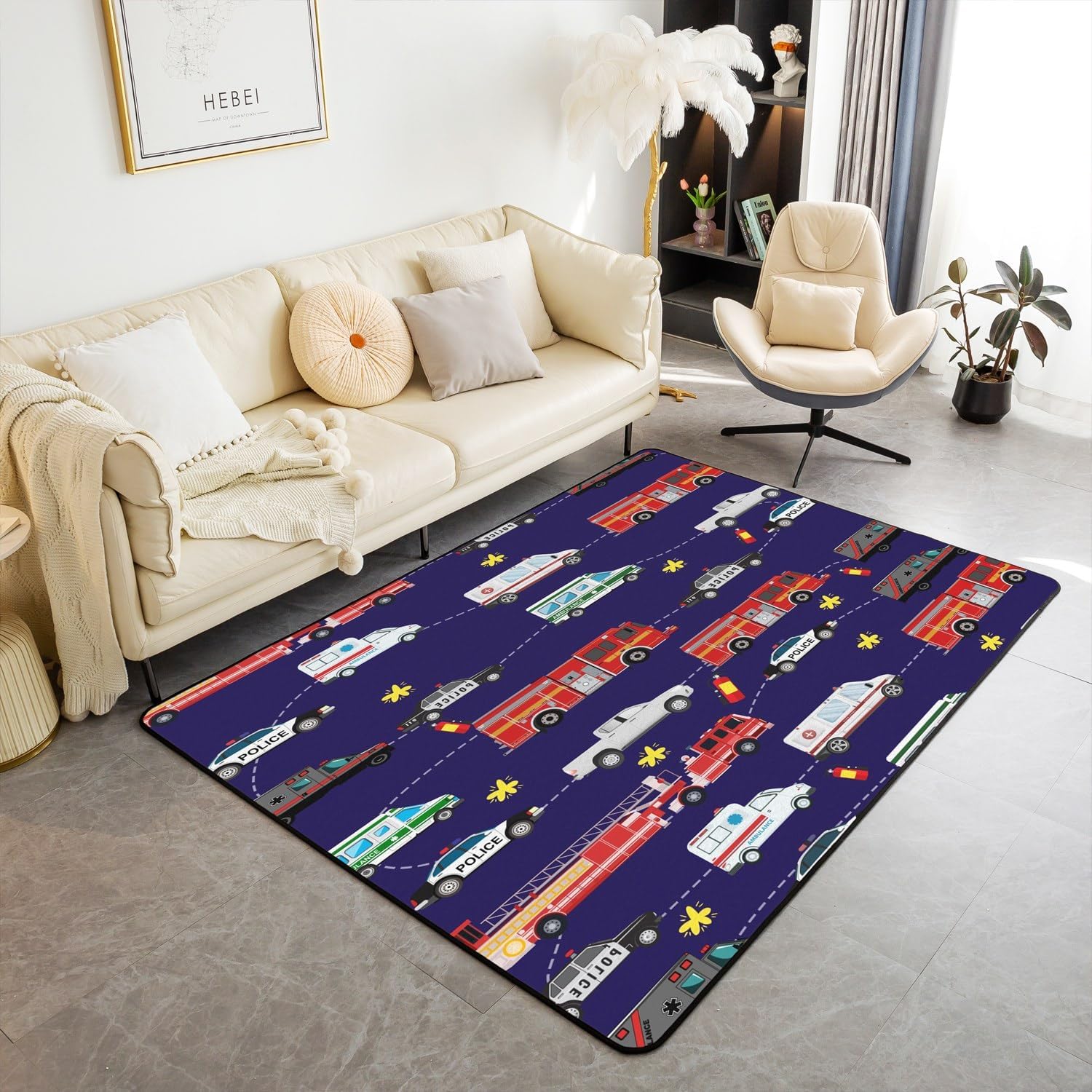 Alfombras de sala de estar, camión de bomberos, auto de policía, para sala de estar, para niños, niñas, adolescentes, jóvenes, decoración de motor,