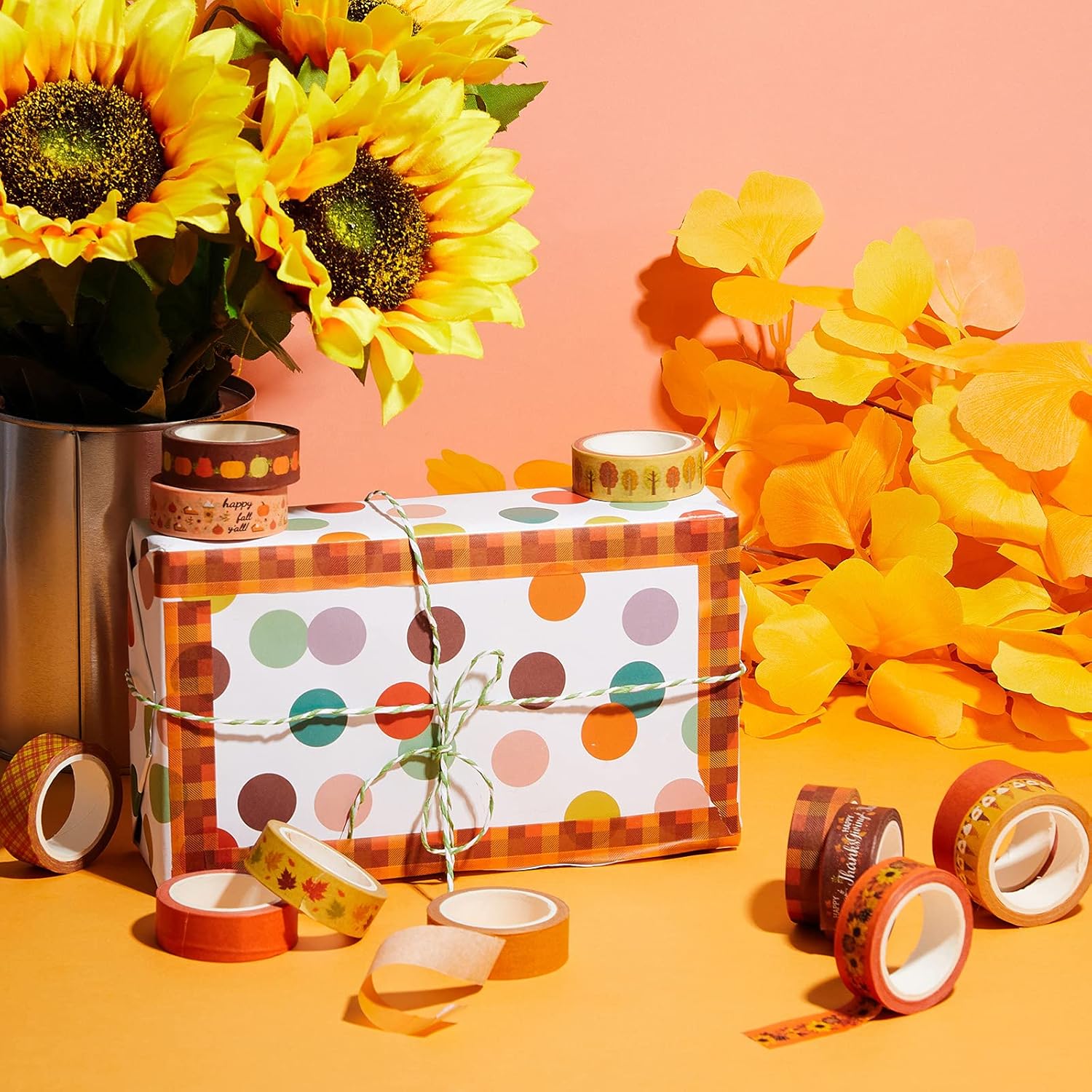 Juego de 12 rollos de cinta washi de otoño de Acción de Gracias, 0.591 in de ancho, 23.0 ft de largo, hojas de otoño de calabaza, girasol, cinta de