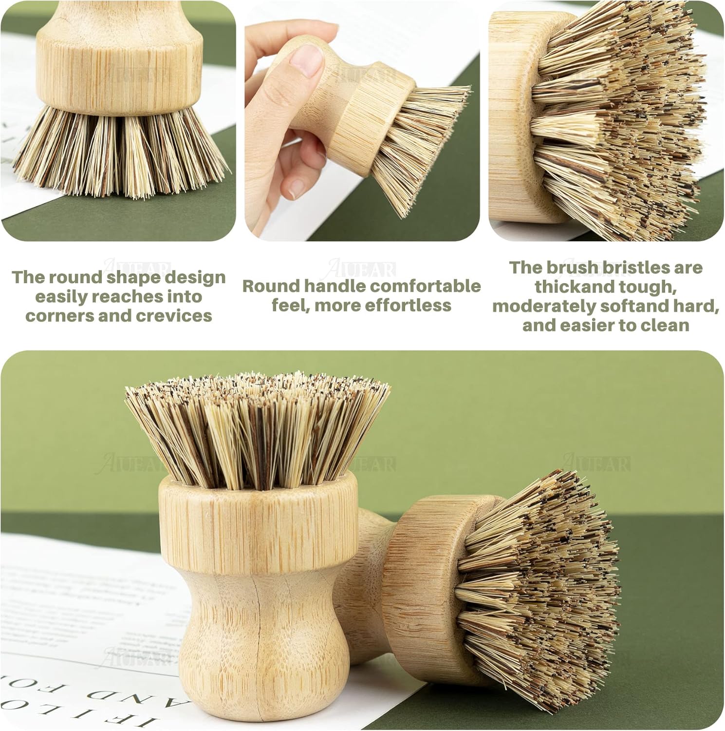 AUEAR, Cepillo de bambú natural para fregar platos, cepillos de limpieza para ollas, cerdas de coco para sartenes de hierro fundido (paquete de 4)