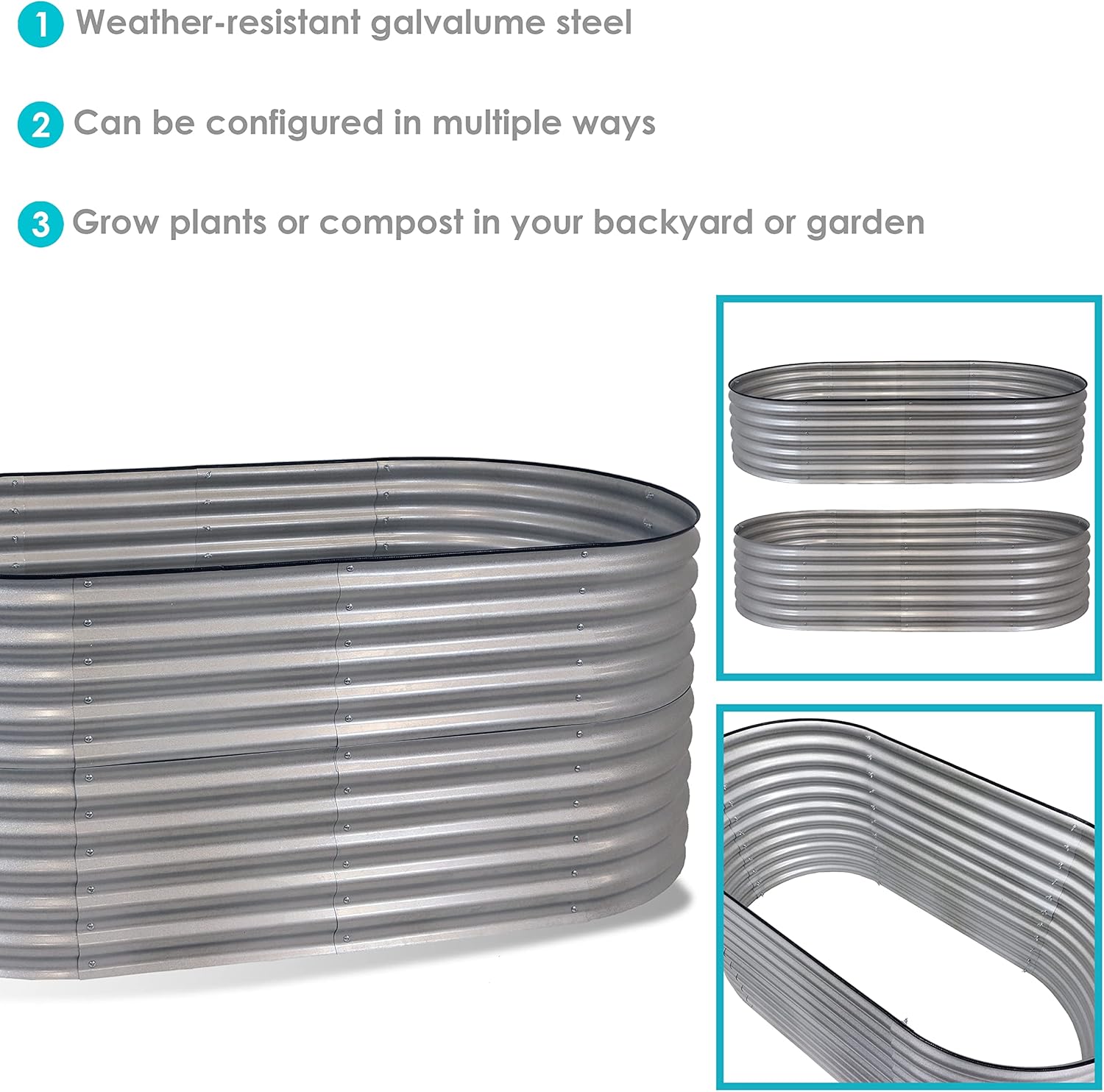 Sunnydaze Cama de jardín elevada ovalada de 79 pulgadas, kit de maceta apilable de acero para flores con borde de goma, color plateado